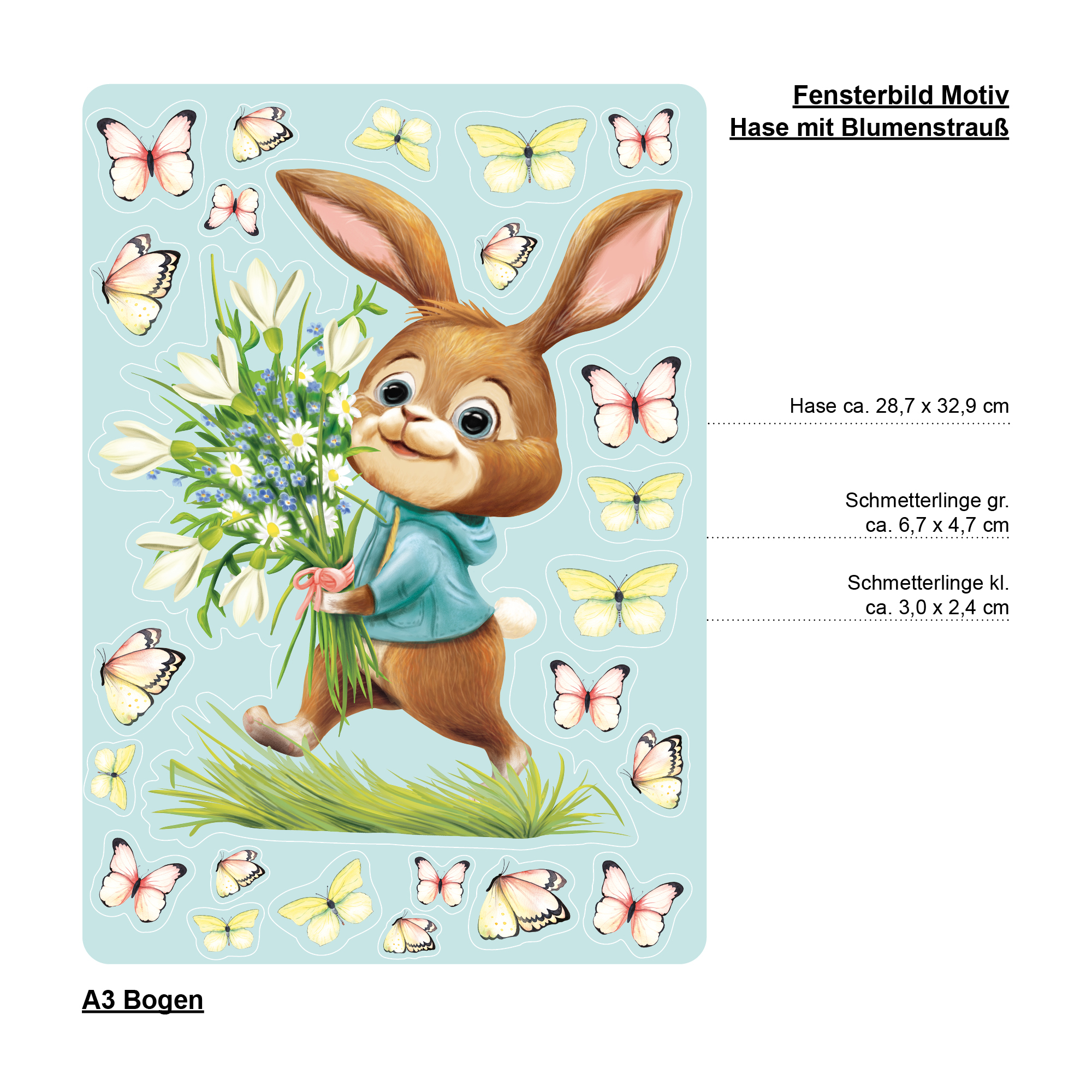Auf dem Bild ist das Produkt: Fensterbild Frühling Ostern Hase Blumenstrauß Schmetterlinge Fensterdeko Wiederverwendbar Kinder Frühlingsdeko Osterdeko zum Preis von €13.90 abgebildet.