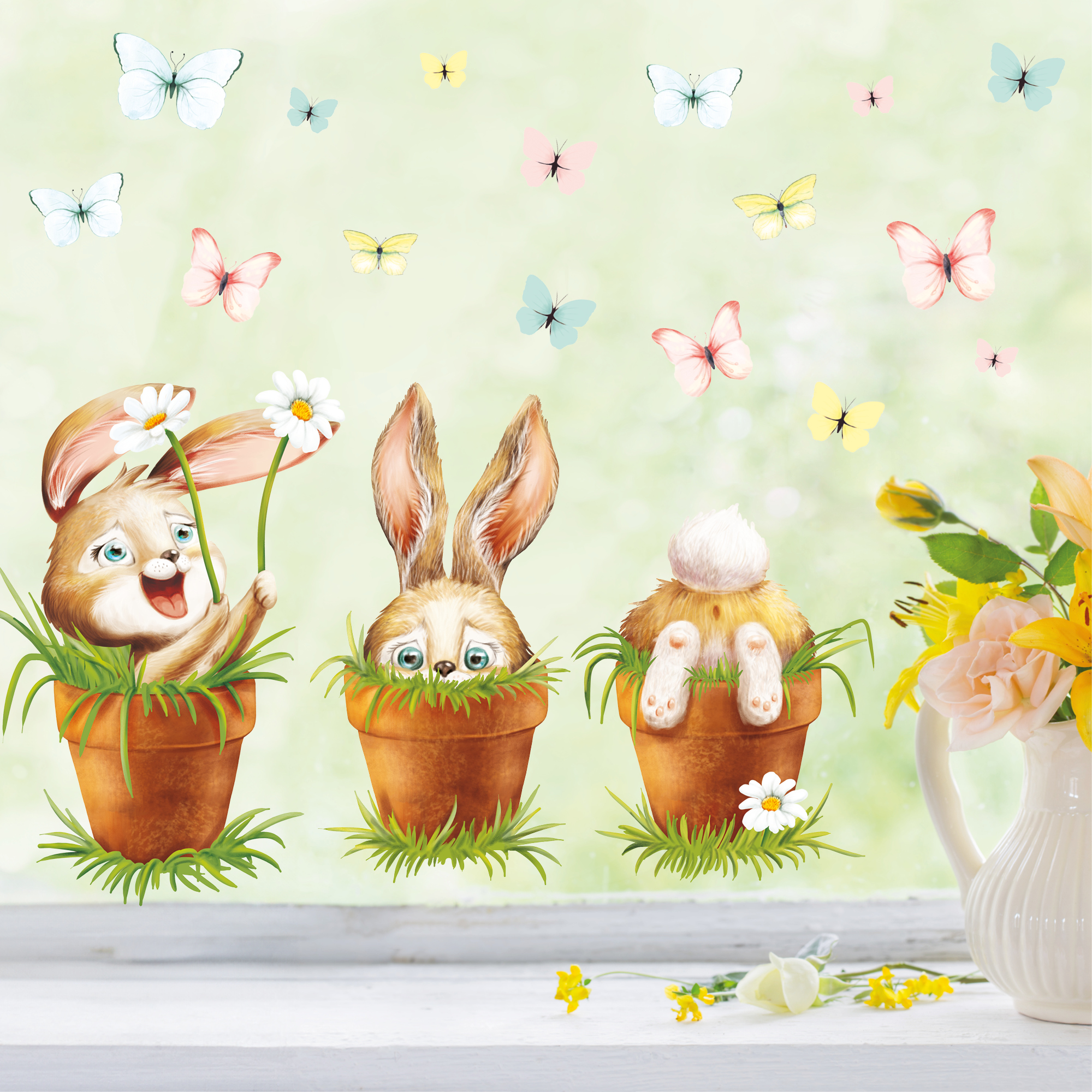 Auf dem Bild ist das Produkt: Fensterbild Frühling Ostern 3 Hasen im Blumentopf mit Schmetterlingen Fensterdeko Kinderzimmer Kind Frühlingsdeko zum Preis von €13.90 abgebildet.