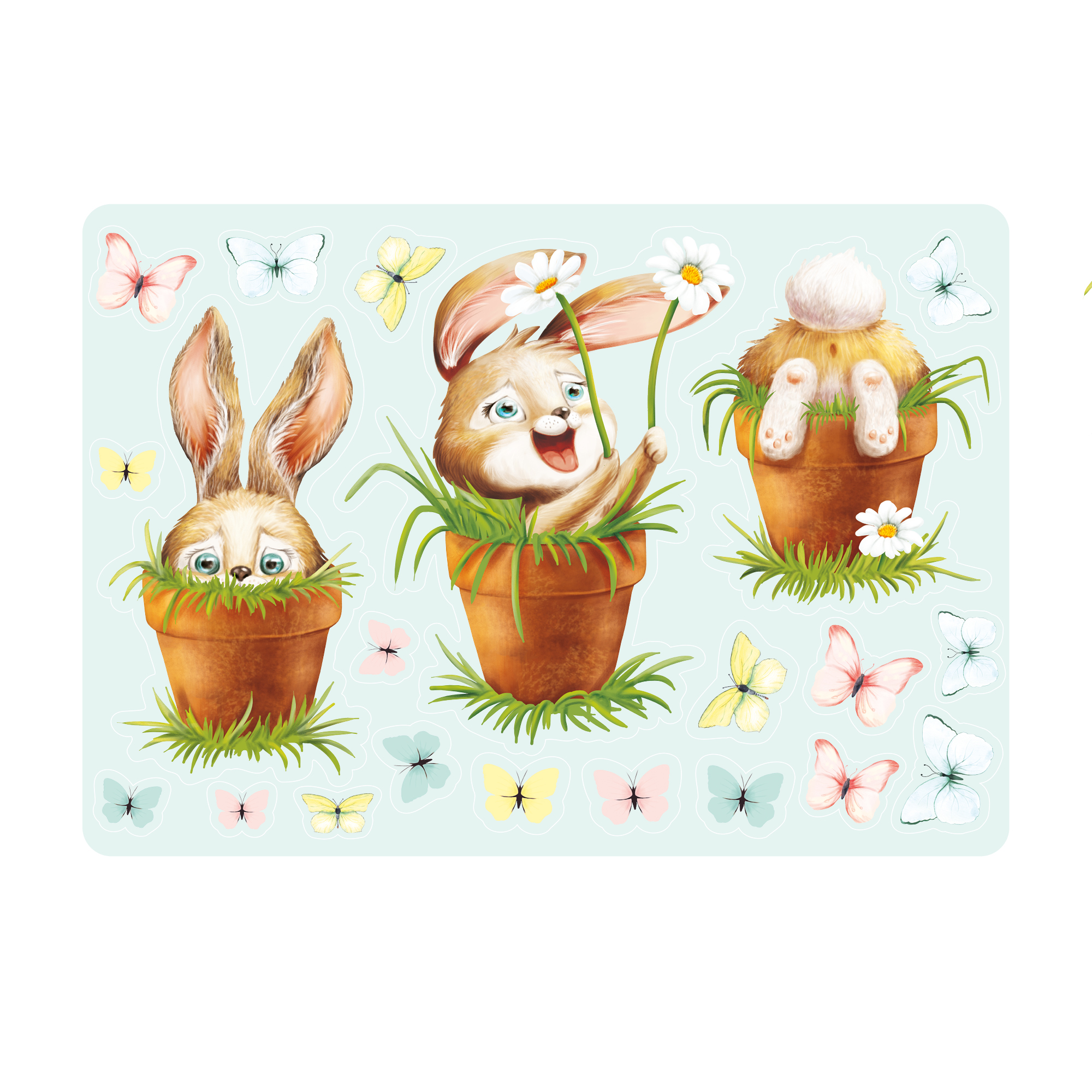 Auf dem Bild ist das Produkt: Fensterbild Frühling Ostern 3 Hasen im Blumentopf mit Schmetterlingen Fensterdeko Kinderzimmer Kind Frühlingsdeko zum Preis von €13.90 abgebildet.