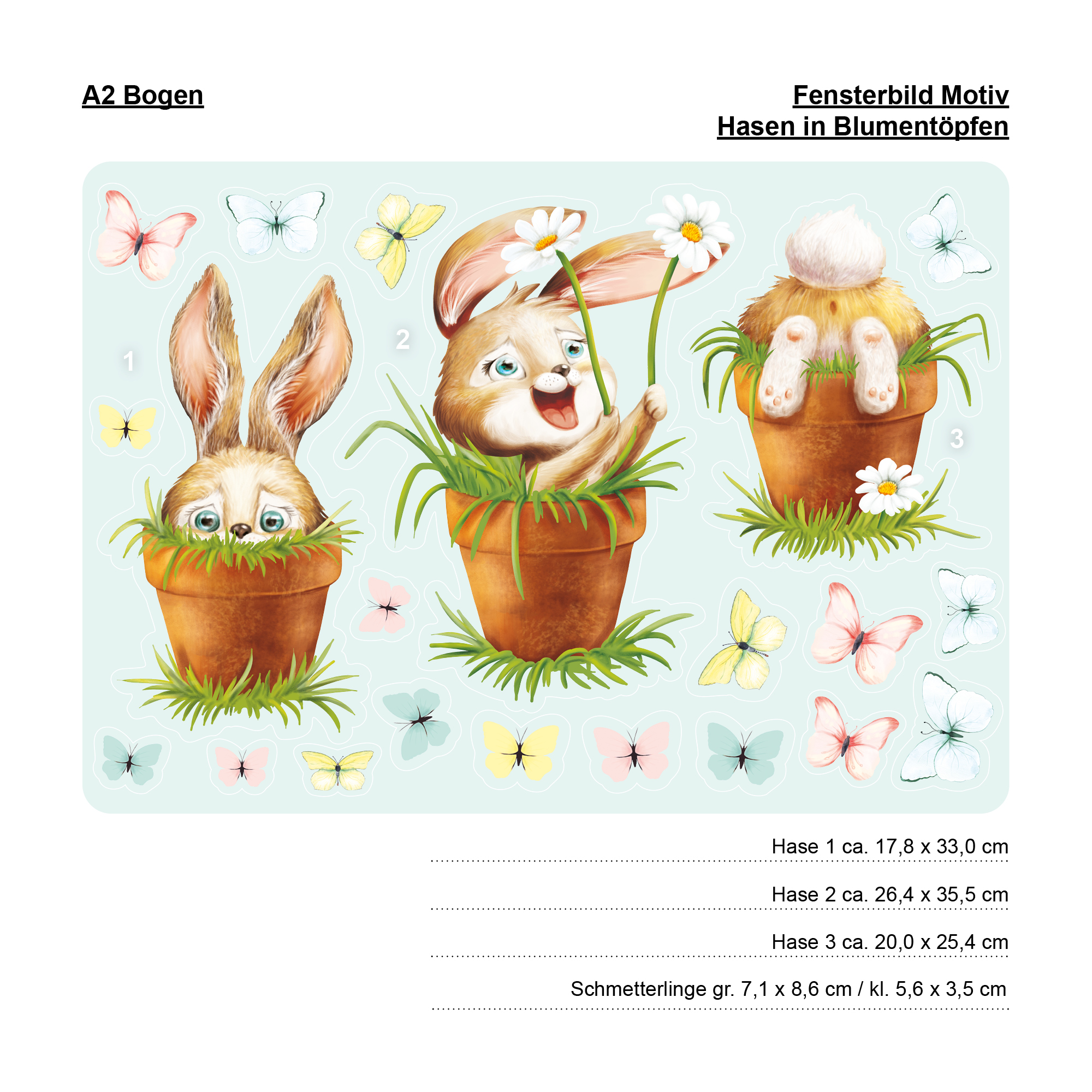 Auf dem Bild ist das Produkt: Fensterbild Frühling Ostern 3 Hasen im Blumentopf mit Schmetterlingen Fensterdeko Kinderzimmer Kind Frühlingsdeko zum Preis von €13.90 abgebildet.