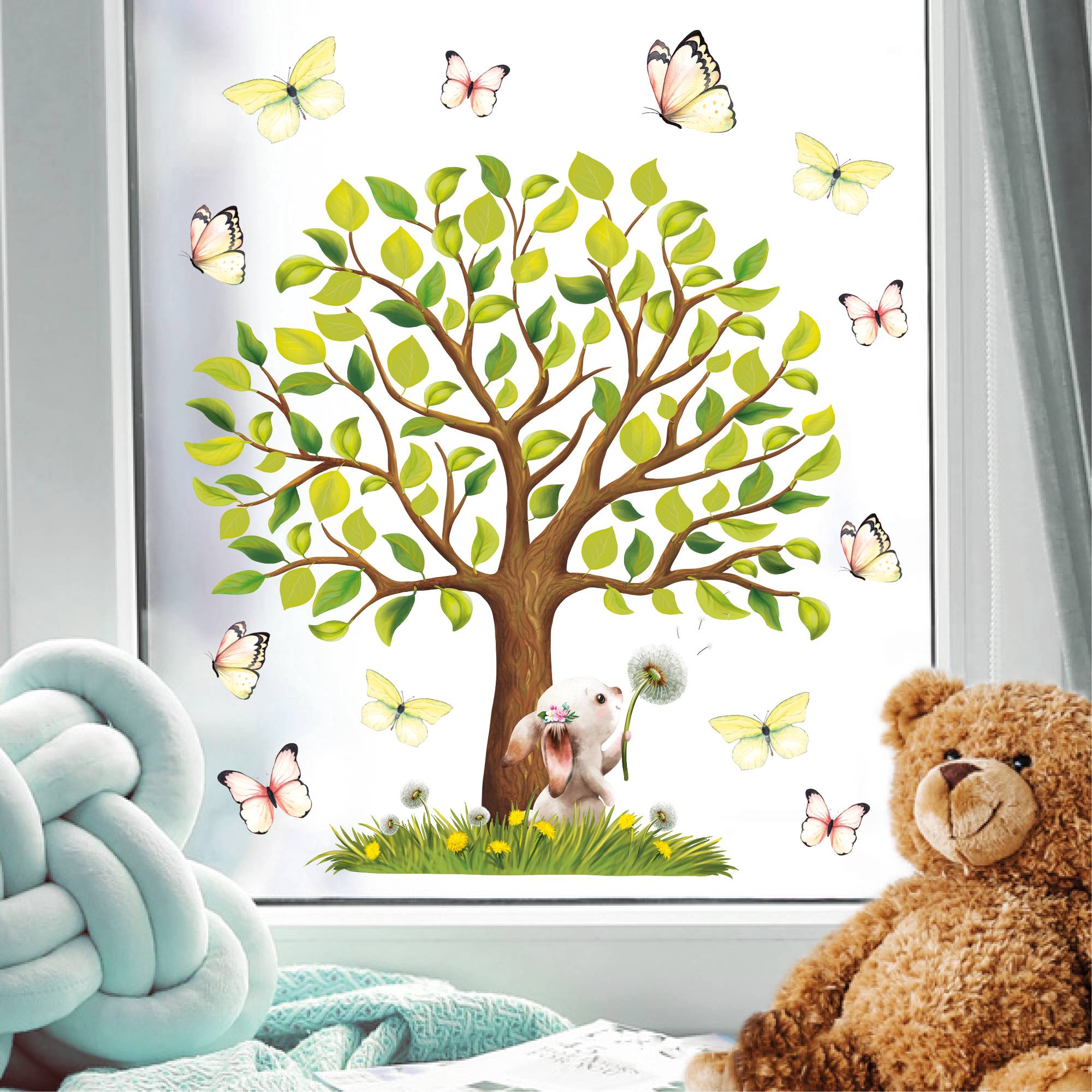 Fensterbild Frühling Ostern Baum Hase Pusteblume Schmetterlinge Wiederverwendbare Fensterdeko Kinderzimmer Osterdeko Frühlingsdeko