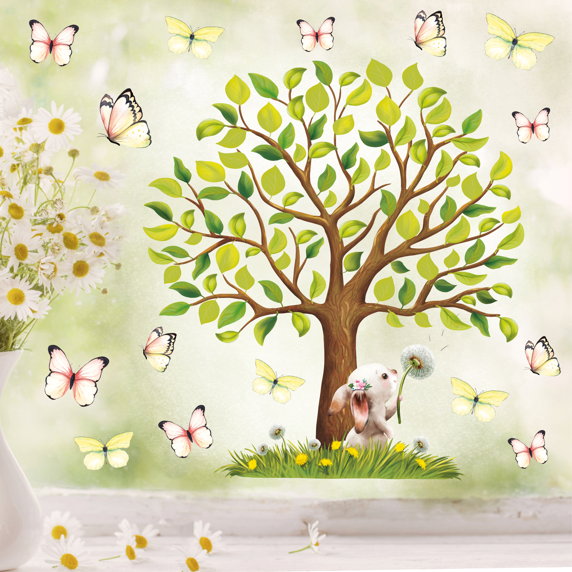 Auf dem Bild ist das Produkt: Fensterbild Frühling Ostern Baum Hase Pusteblume Schmetterlinge Wiederverwendbare Fensterdeko Kinderzimmer Osterdeko Frühlingsdeko zum Preis von €13.90 abgebildet.