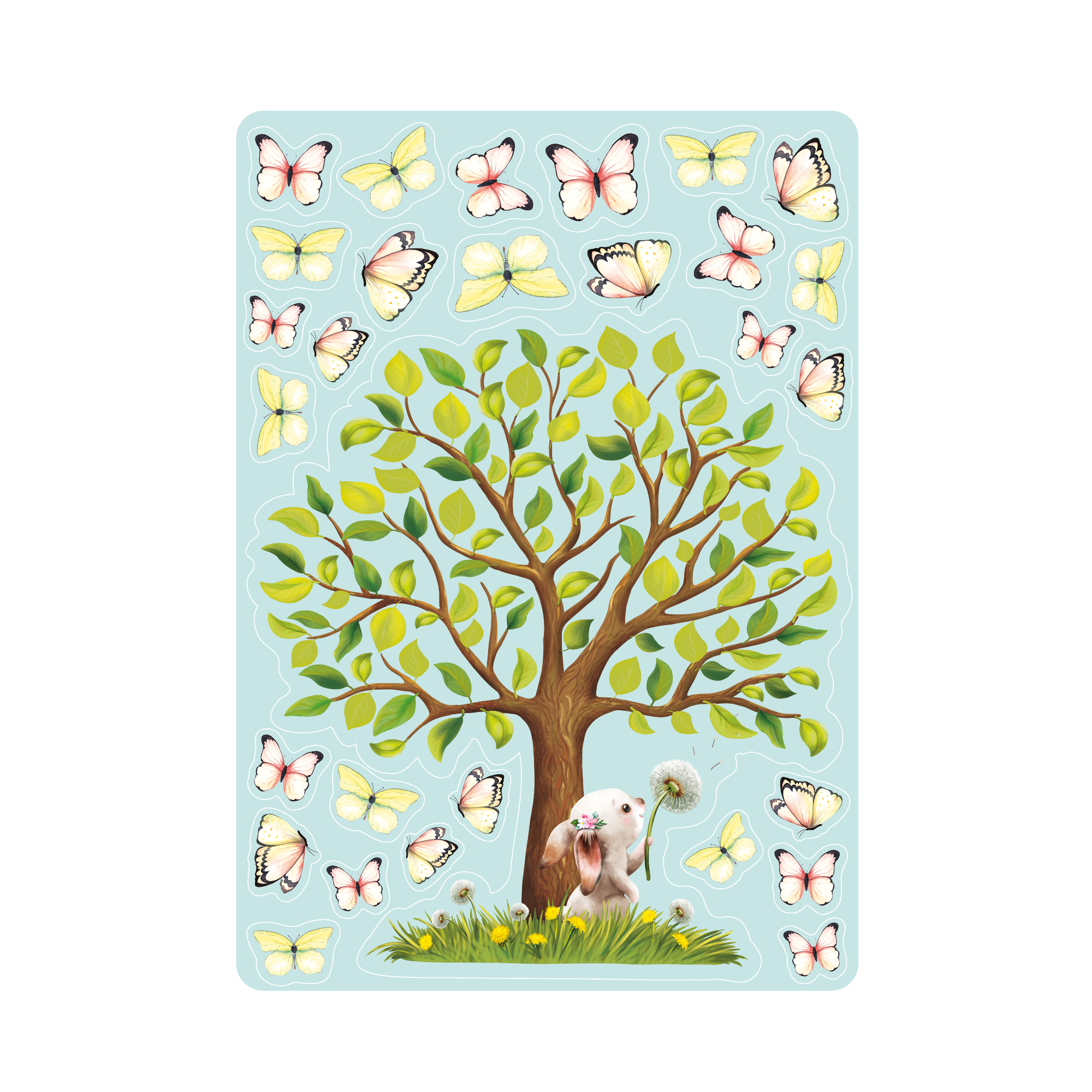 Auf dem Bild ist das Produkt: Fensterbild Frühling Ostern Baum Hase Pusteblume Schmetterlinge Wiederverwendbare Fensterdeko Kinderzimmer Osterdeko Frühlingsdeko zum Preis von €13.90 abgebildet.