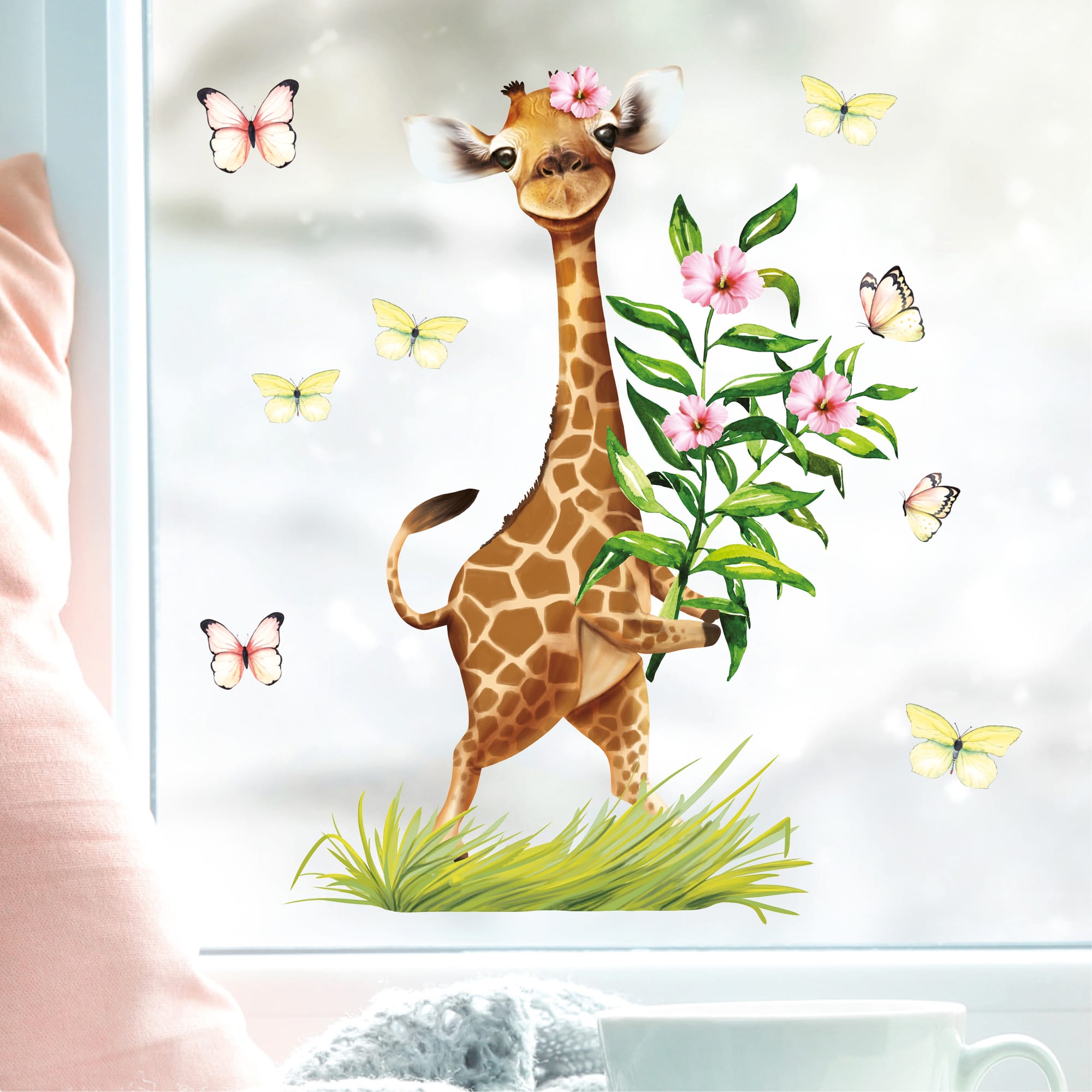 Auf dem Bild ist das Produkt: Wiederverwendbares Fensterbild Frühling Giraffe mit Schmetterlingen Fensterdeko Kinderzimmer Kind zum Preis von €13.9 abgebildet.