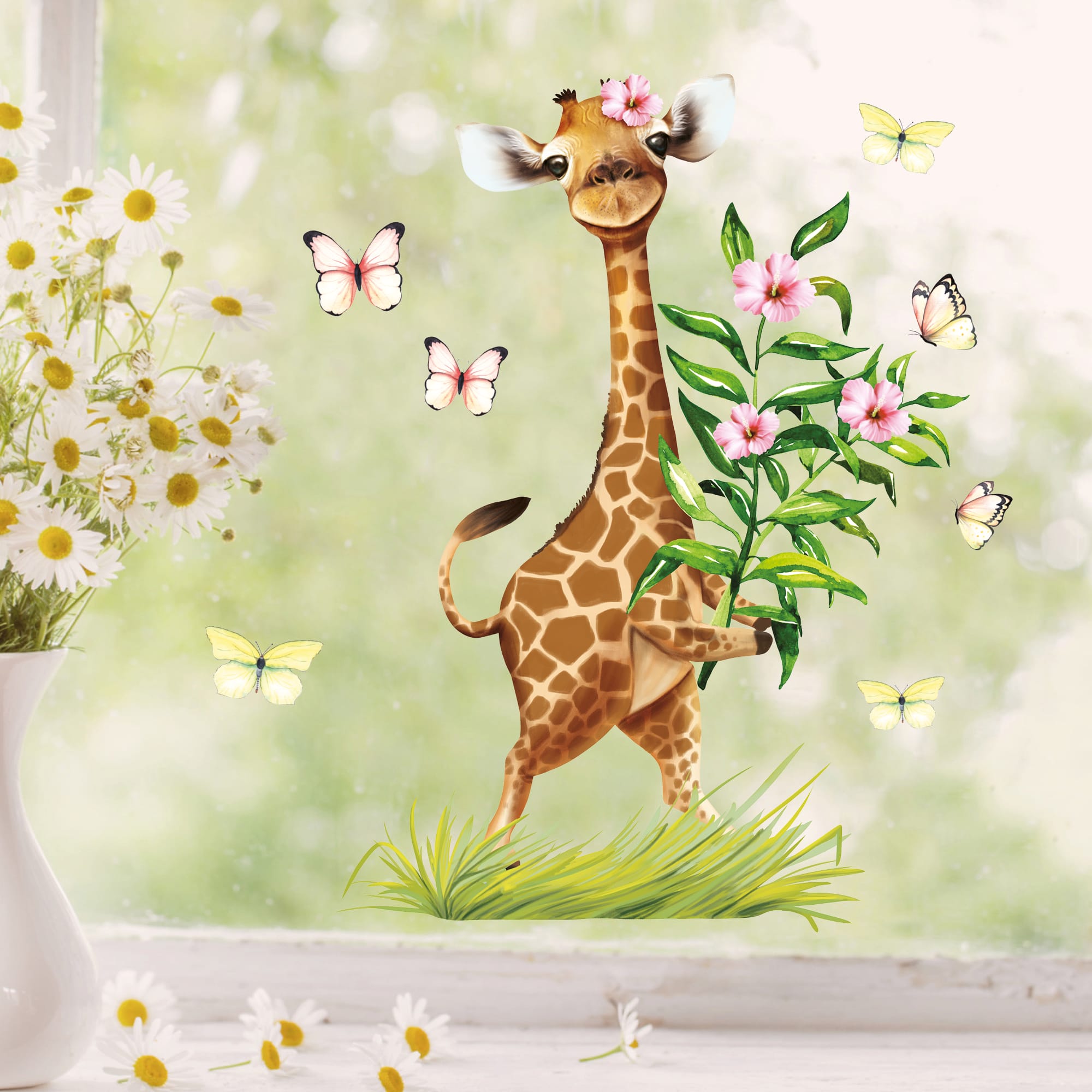 Auf dem Bild ist das Produkt: Wiederverwendbares Fensterbild Frühling Giraffe mit Schmetterlingen Fensterdeko Kinderzimmer Kind zum Preis von €13.9 abgebildet.