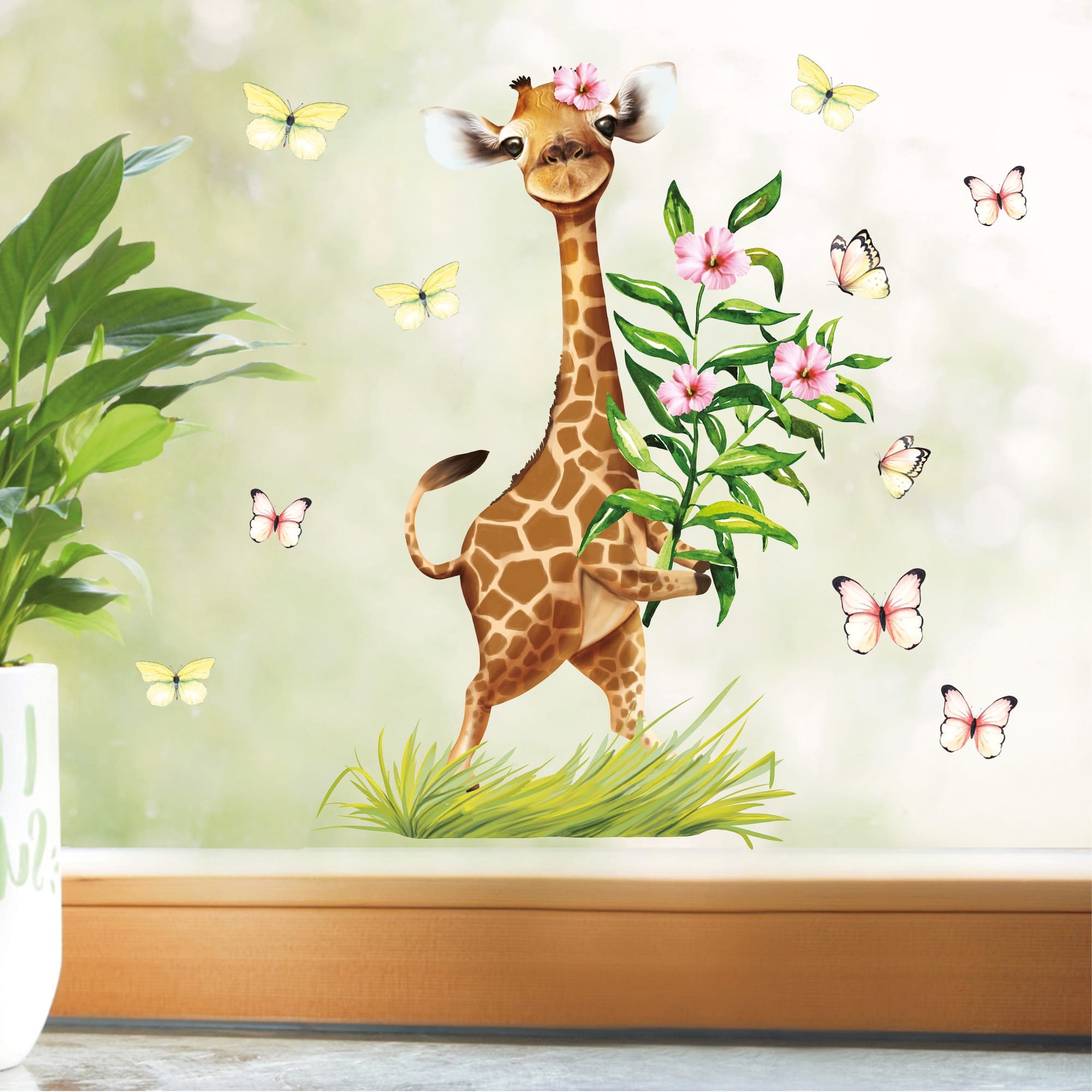 Wiederverwendbares Fensterbild Frühling Giraffe mit Schmetterlingen Fensterdeko Kinderzimmer Kind
