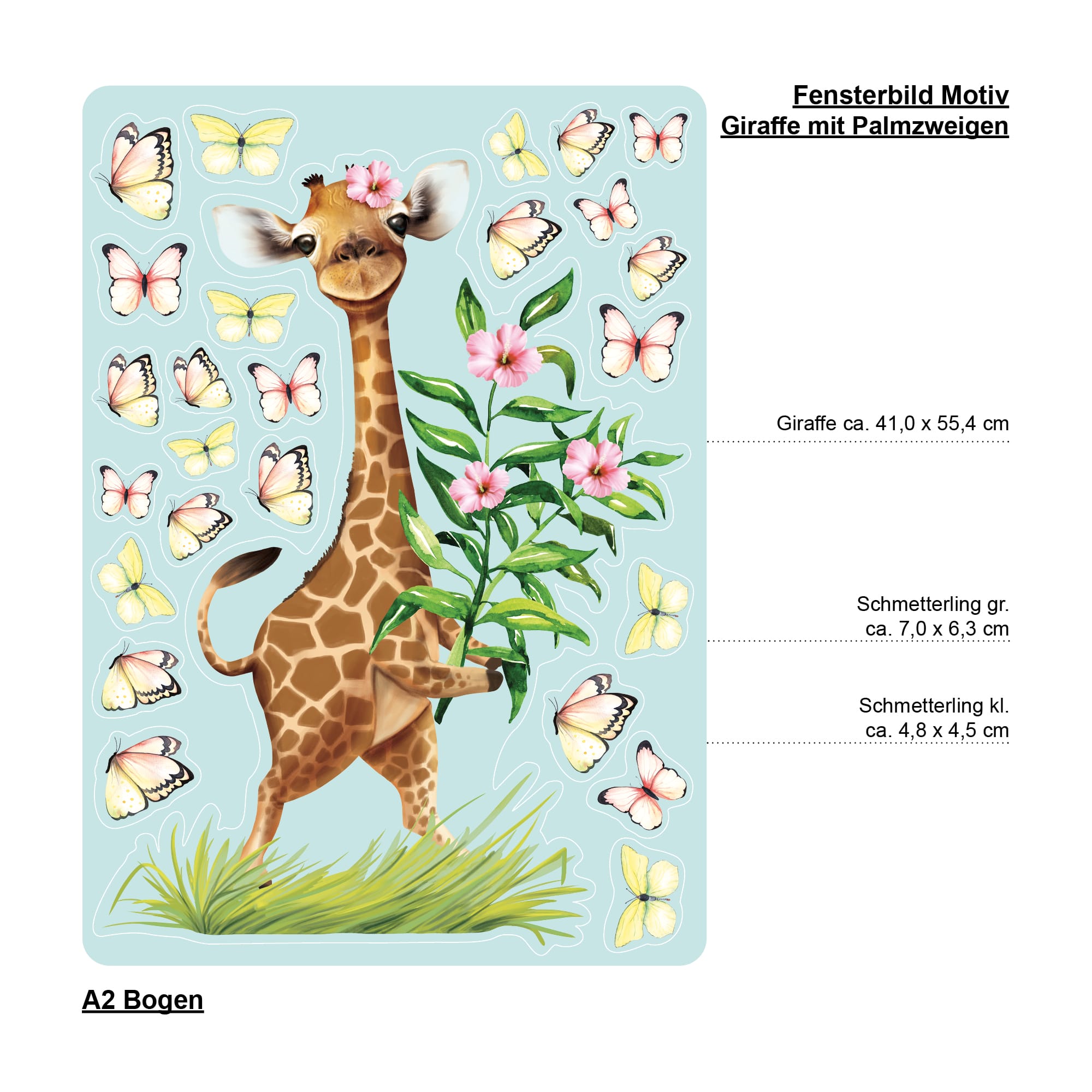 Auf dem Bild ist das Produkt: Wiederverwendbares Fensterbild Frühling Giraffe mit Schmetterlingen Fensterdeko Kinderzimmer Kind zum Preis von €13.9 abgebildet.