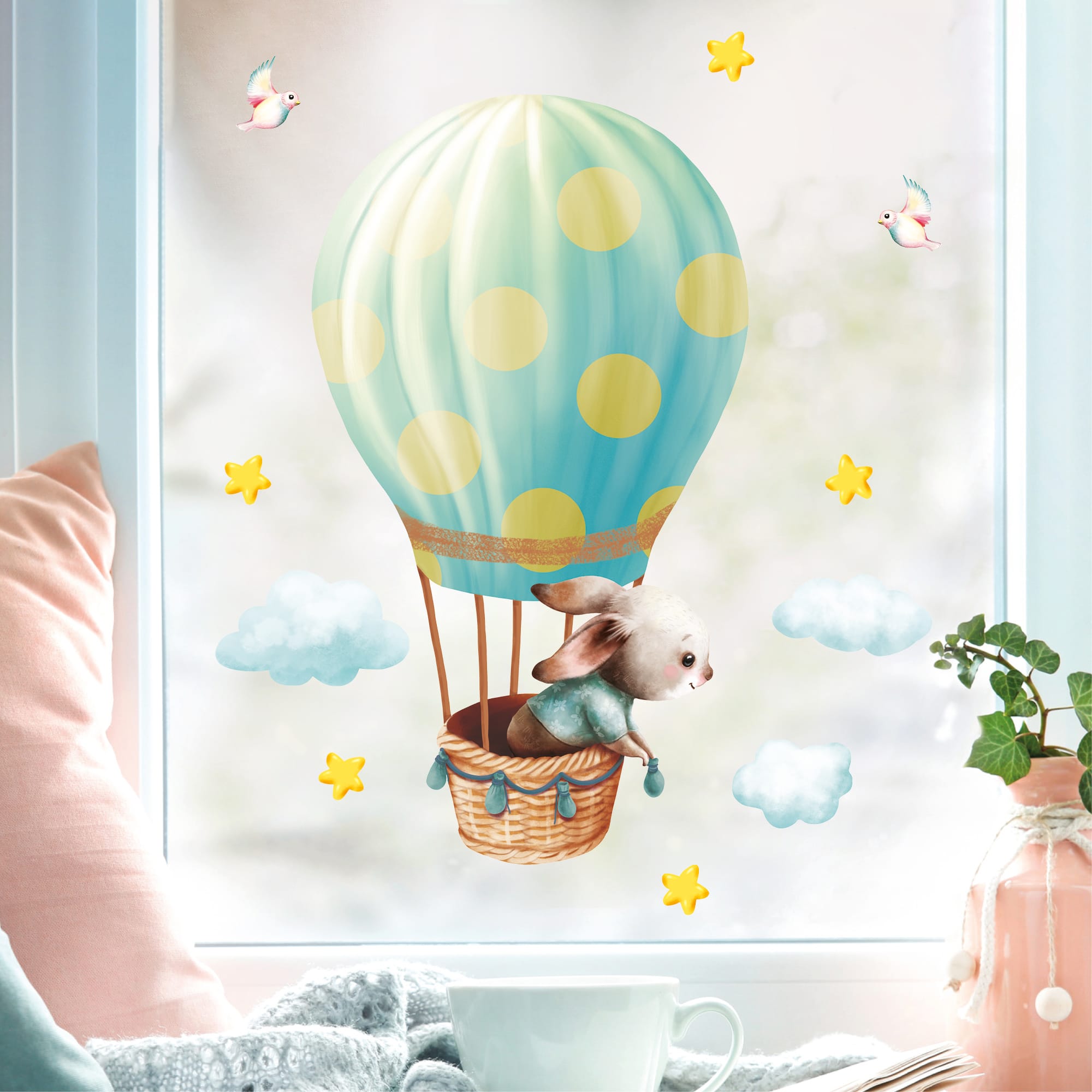 Wiederverwendbares Fensterbild Frühling Ostern Hase im Heißluftballon Fensterdeko Kinderzimmer Kind Frühlingsdeko