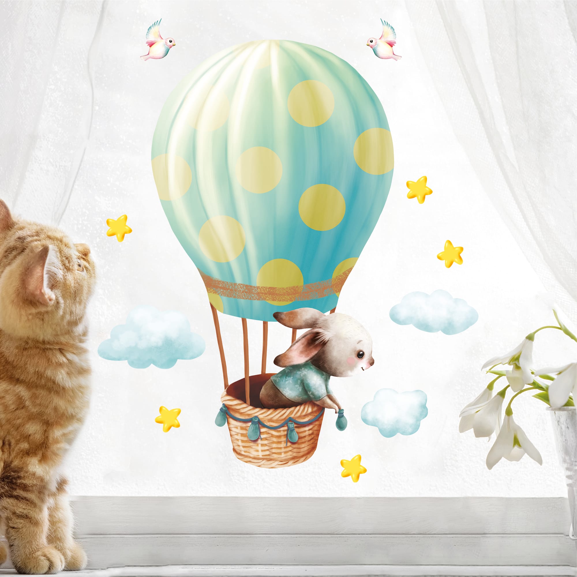 Auf dem Bild ist das Produkt: Wiederverwendbares Fensterbild Frühling Ostern Hase im Heißluftballon Fensterdeko Kinderzimmer Kind Frühlingsdeko zum Preis von €13.90 abgebildet.