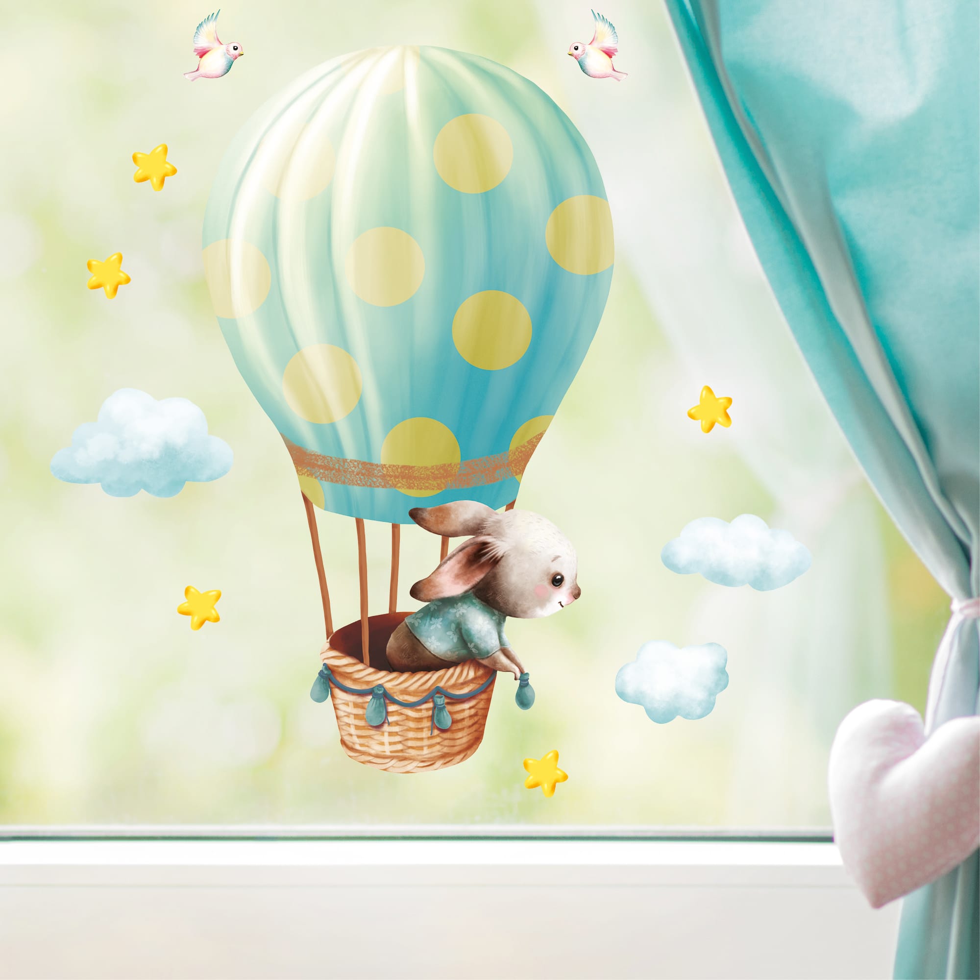 Auf dem Bild ist das Produkt: Wiederverwendbares Fensterbild Frühling Ostern Hase im Heißluftballon Fensterdeko Kinderzimmer Kind Frühlingsdeko zum Preis von €13.90 abgebildet.