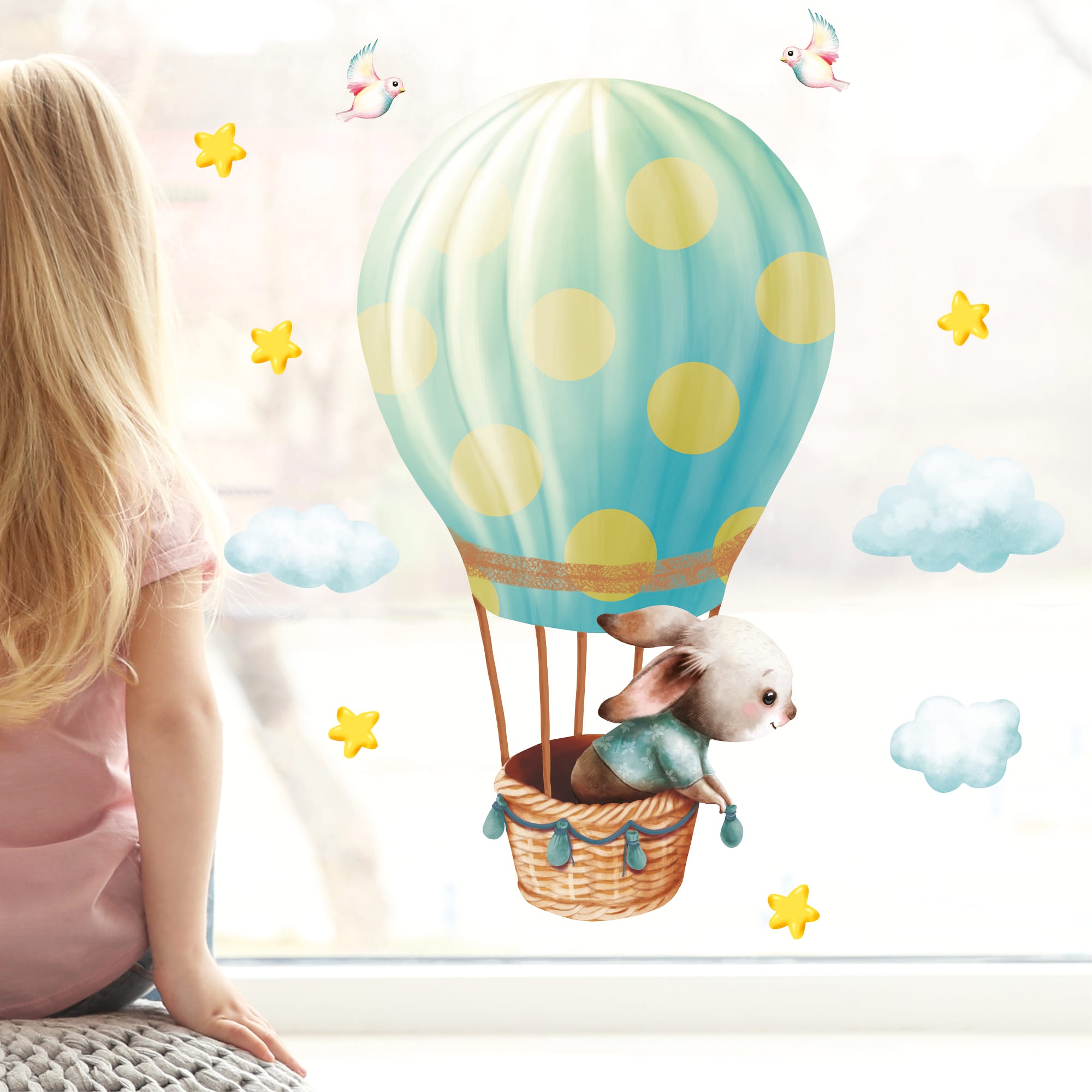 Auf dem Bild ist das Produkt: Wiederverwendbares Fensterbild Frühling Ostern Hase im Heißluftballon Fensterdeko Kinderzimmer Kind Frühlingsdeko zum Preis von €13.90 abgebildet.