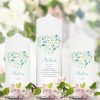 Auf dem Bild ist das Produkt: Taufkerze Junge Mädchen Herz Blätter Blätterherz grün pastell mit Namen, Datum und auf Wunsch eigenem, vorgegebenem oder keinem Taufspruch zum Preis von €6.4 abgebildet.
