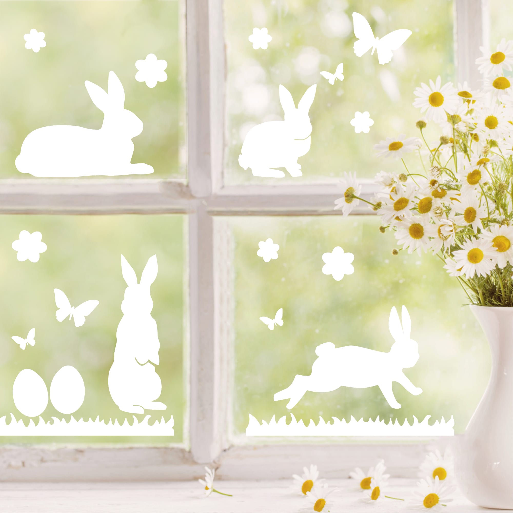 Fensteraufkleber Hasen mit Ostereiern und Schmetterlingen WIEDERVERWENDBAR