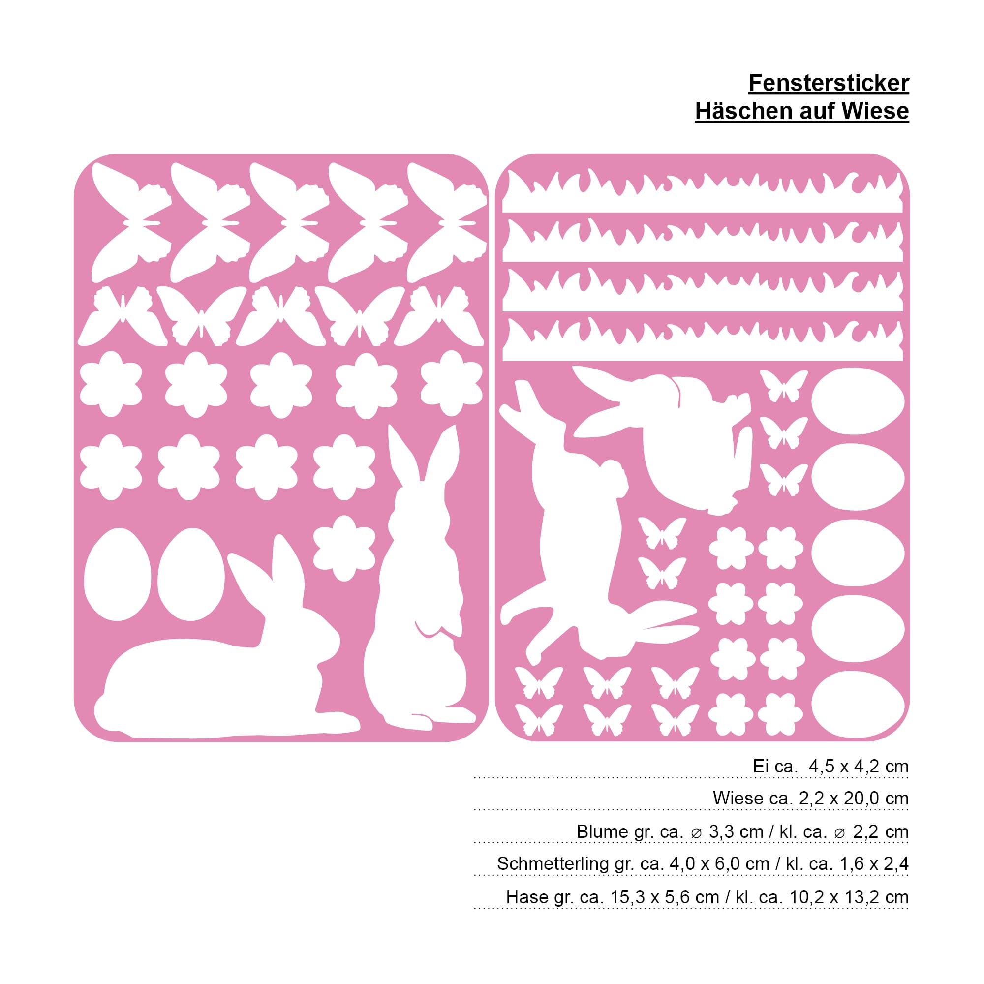 Auf dem Bild ist das Produkt: Fensteraufkleber Hasen mit Ostereiern und Schmetterlingen WIEDERVERWENDBAR zum Preis von €12.90 abgebildet.