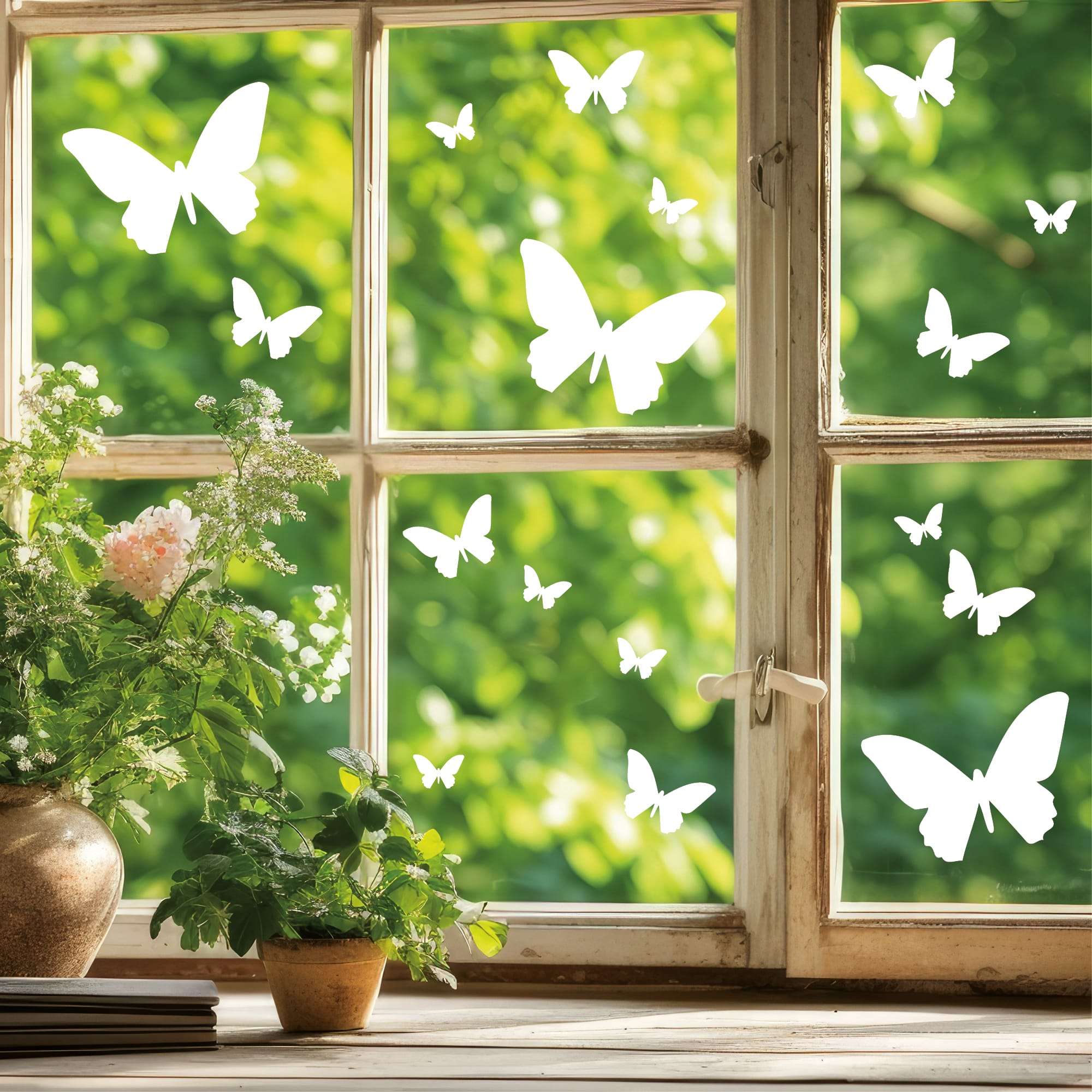 Auf dem Bild ist das Produkt: Fensteraufkleber Frühling Schmetterlinge weiß WIEDERVERWENDBAR zum Preis von €8.9 abgebildet.