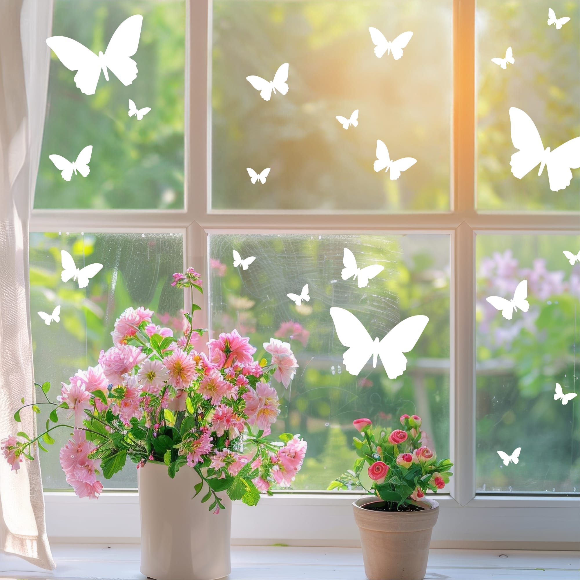 Fensteraufkleber Frühling Schmetterlinge weiß WIEDERVERWENDBAR