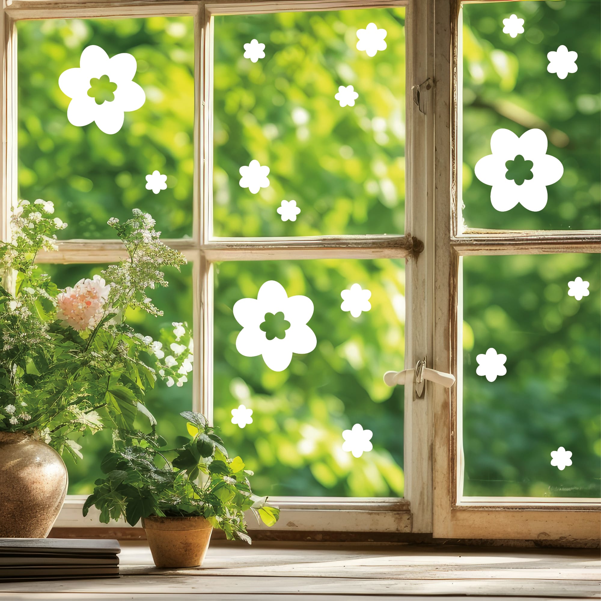 Auf dem Bild ist das Produkt: Fensteraufkleber Frühling Blumen Weiß WIEDERVERWENDBAR  17 Aufkleber im Set Fensterbilder Ostermotiv zum Preis von €8.9 abgebildet.