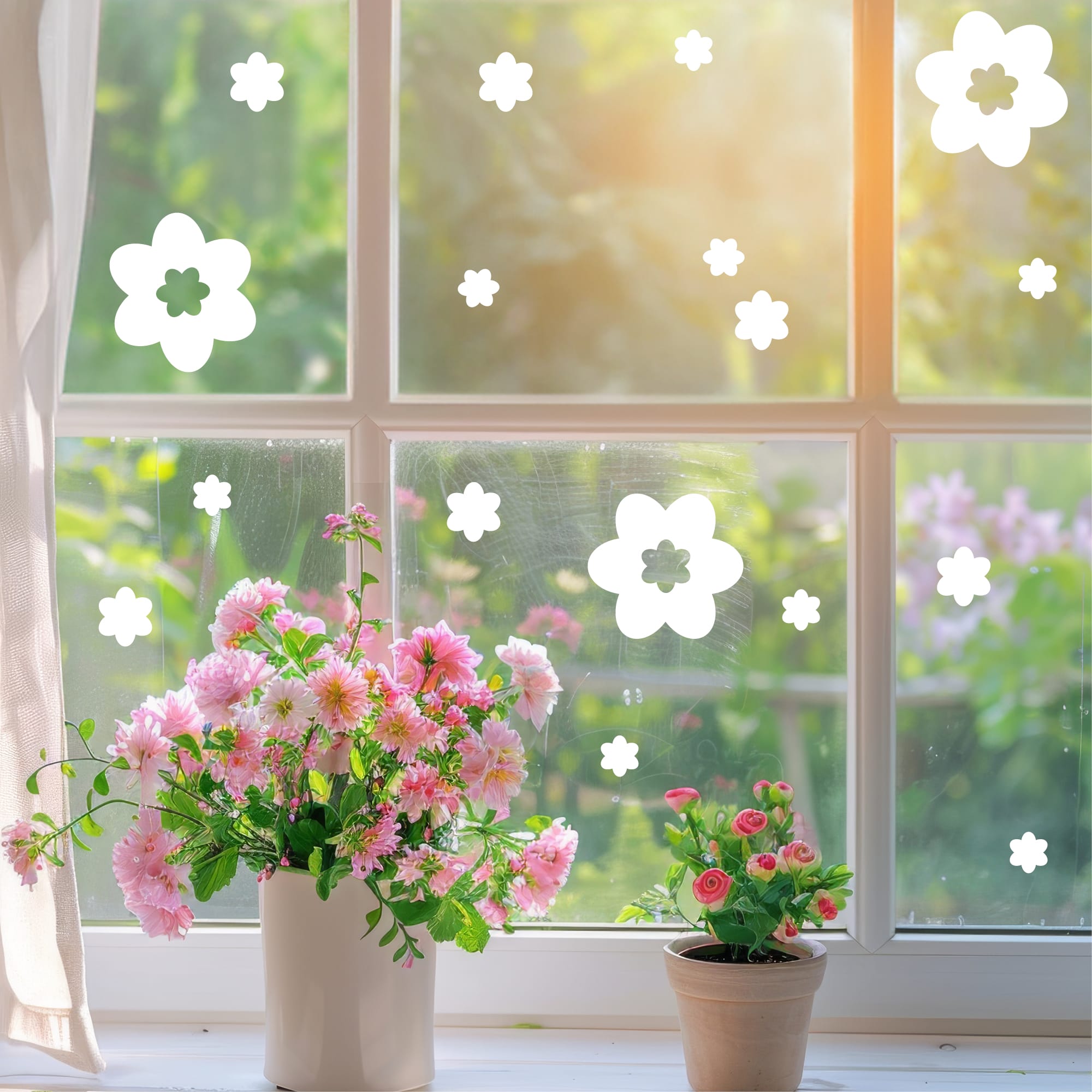 Fensteraufkleber Frühling Blumen Weiß WIEDERVERWENDBAR  17 Aufkleber im Set Fensterbilder Ostermotiv