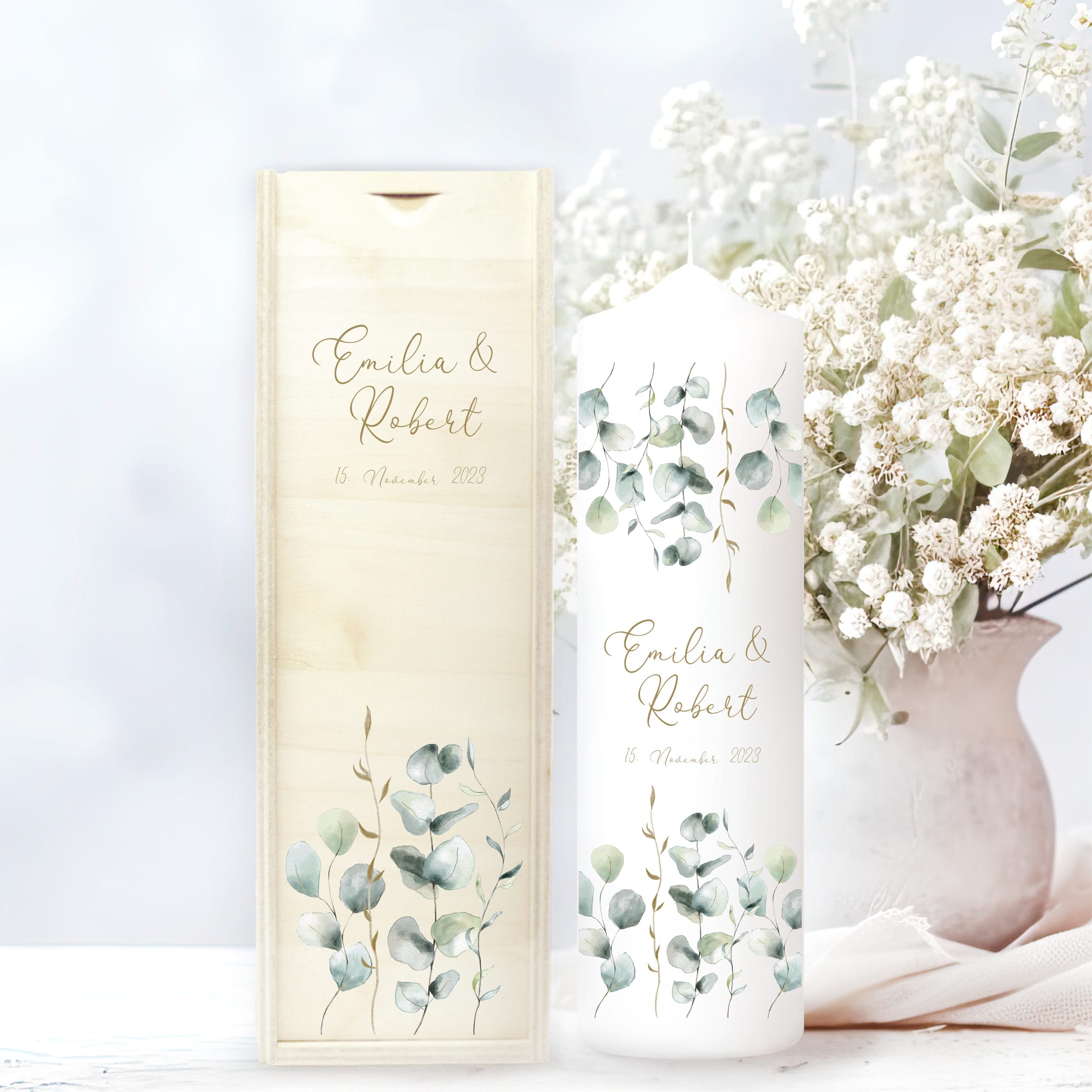 Weiße Hochzeitskerze mit Eukalyptuszweigen Boho personalisiert Hochzeitsgeschenk Spruch