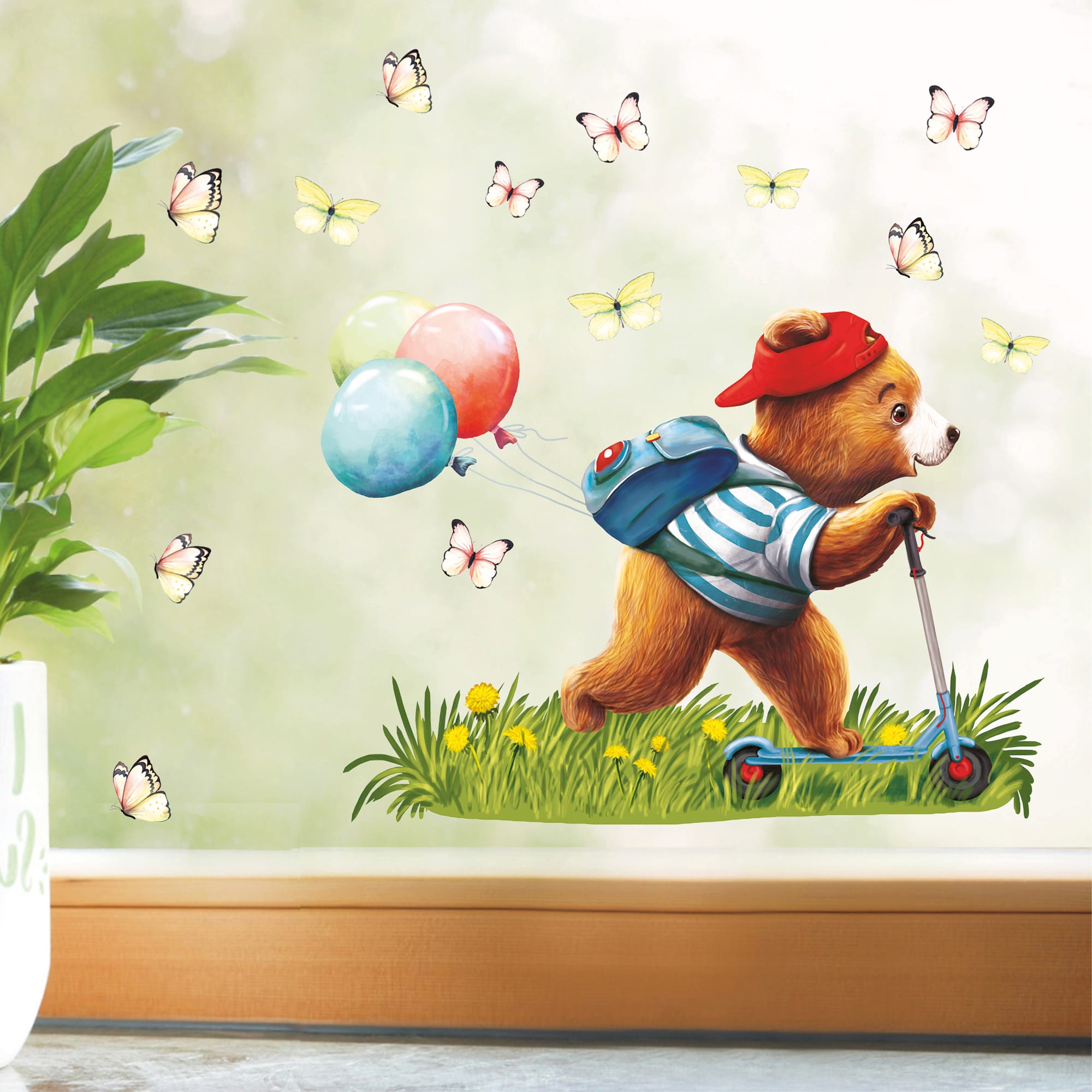 Auf dem Bild ist das Produkt: Fensterbild Frühling Ostern Junge Bär Roller Scooter Schmetterlinge Fensterdeko Kinderzimmer Kind, Frühlingsdeko Osterdeko zum Preis von €13.90 abgebildet.