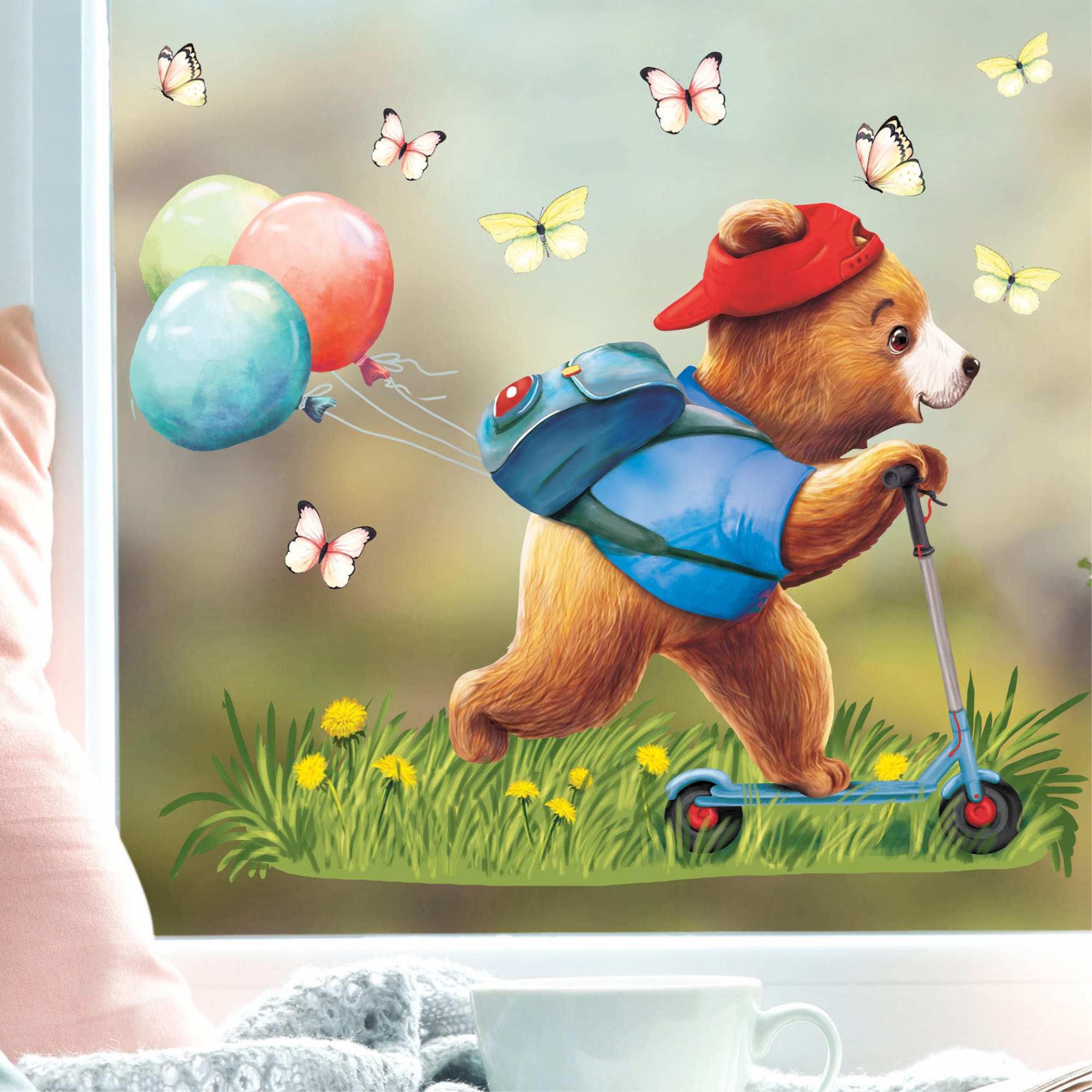 Auf dem Bild ist das Produkt: Fensterbild Frühling Ostern Junge Bär Roller Scooter Schmetterlinge Fensterdeko Kinderzimmer Kind, Frühlingsdeko Osterdeko zum Preis von €13.90 abgebildet.