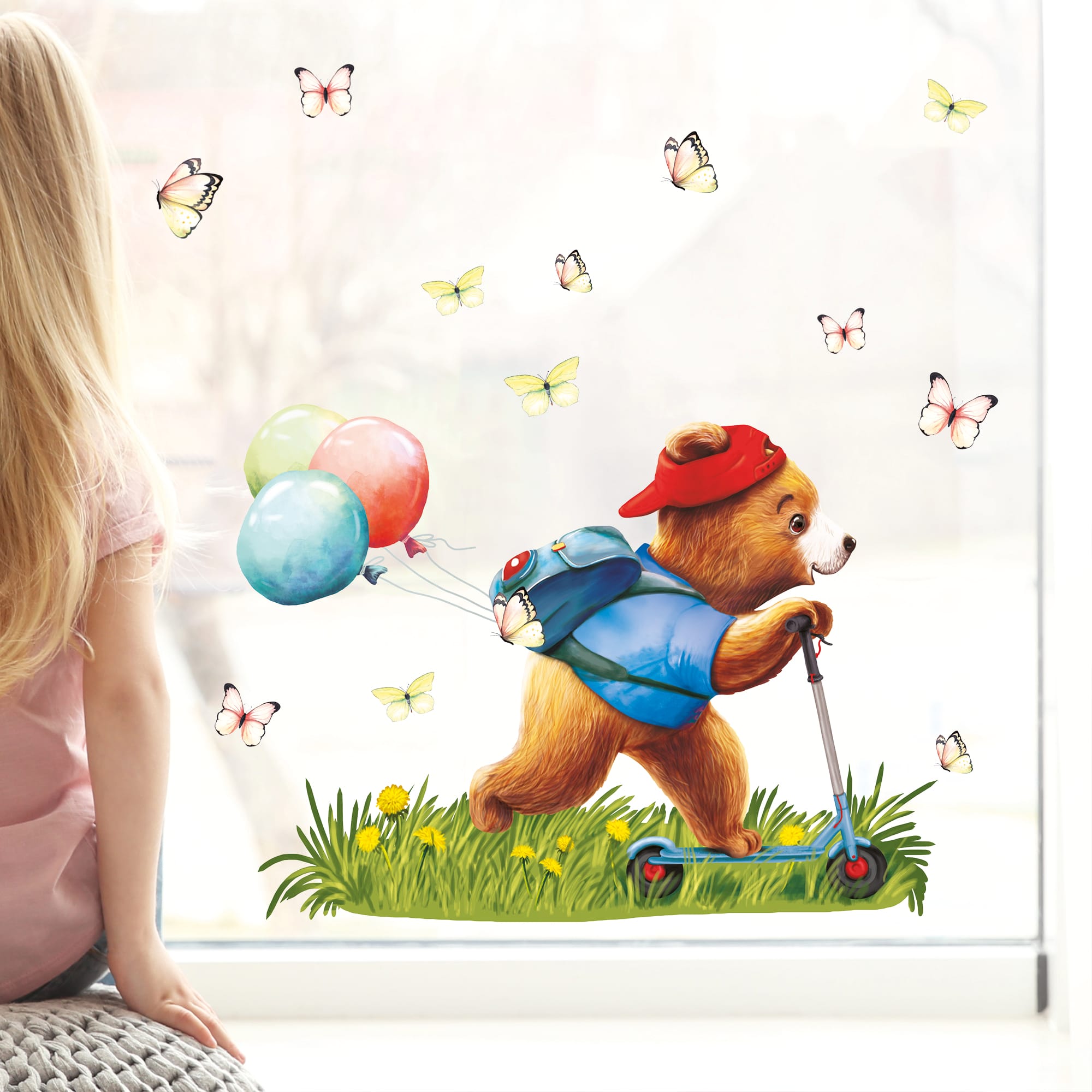 Auf dem Bild ist das Produkt: Fensterbild Frühling Ostern Junge Bär Roller Scooter Schmetterlinge Fensterdeko Kinderzimmer Kind, Frühlingsdeko Osterdeko zum Preis von €13.90 abgebildet.
