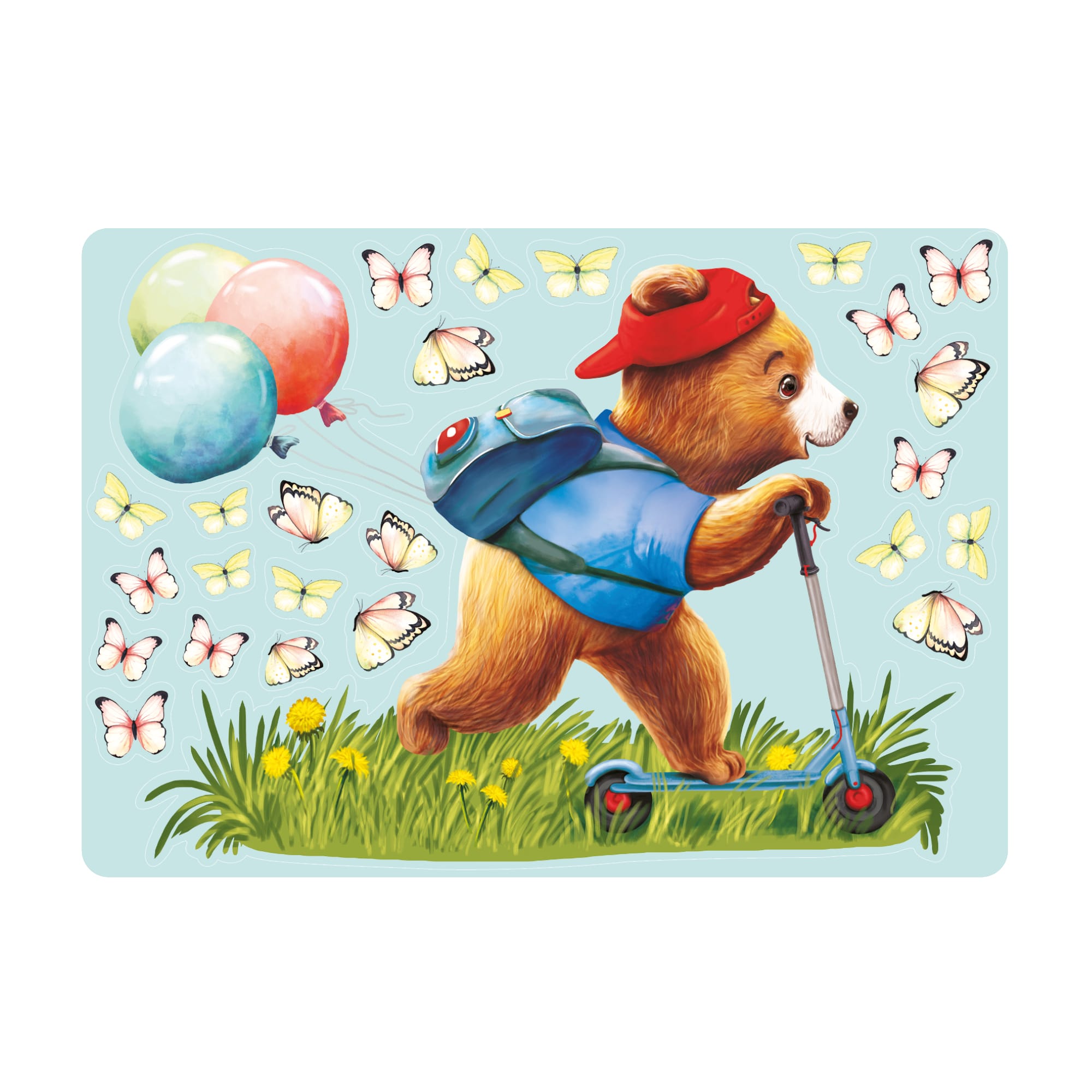 Auf dem Bild ist das Produkt: Fensterbild Frühling Ostern Junge Bär Roller Scooter Schmetterlinge Fensterdeko Kinderzimmer Kind, Frühlingsdeko Osterdeko zum Preis von €13.90 abgebildet.