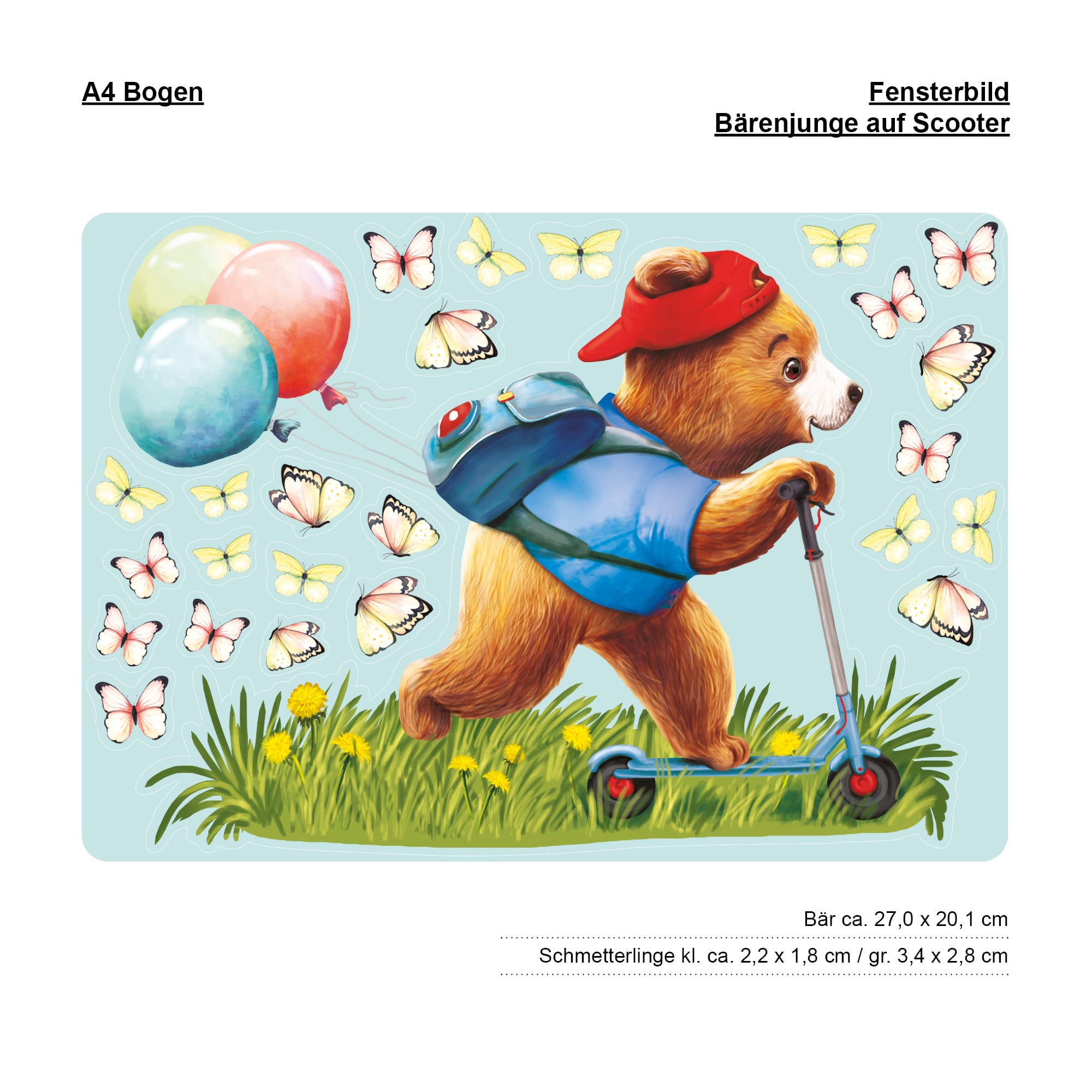 Auf dem Bild ist das Produkt: Fensterbild Frühling Ostern Junge Bär Roller Scooter Schmetterlinge Fensterdeko Kinderzimmer Kind, Frühlingsdeko Osterdeko zum Preis von €13.90 abgebildet.
