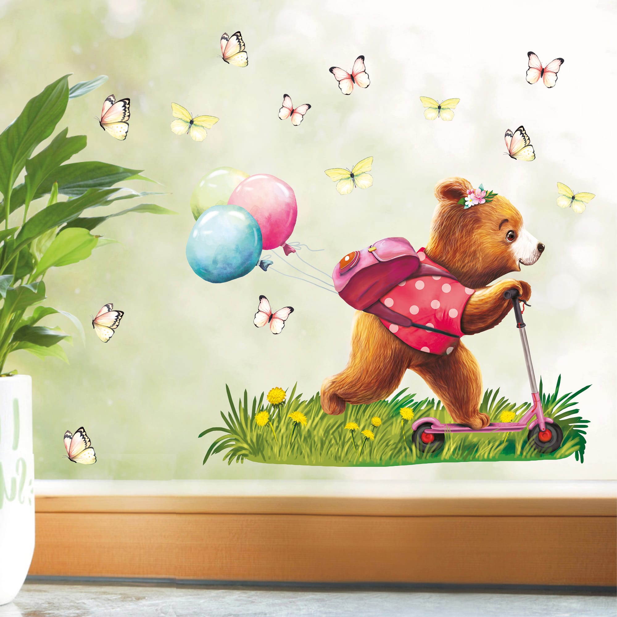 Auf dem Bild ist das Produkt: Fensterbild Frühling Ostern Mädchen Bär Roller Scooter Schmetterlinge Fensterdeko Kinderzimmer Kind, Frühlingsdeko, Osterdeko zum Preis von €13.90 abgebildet.