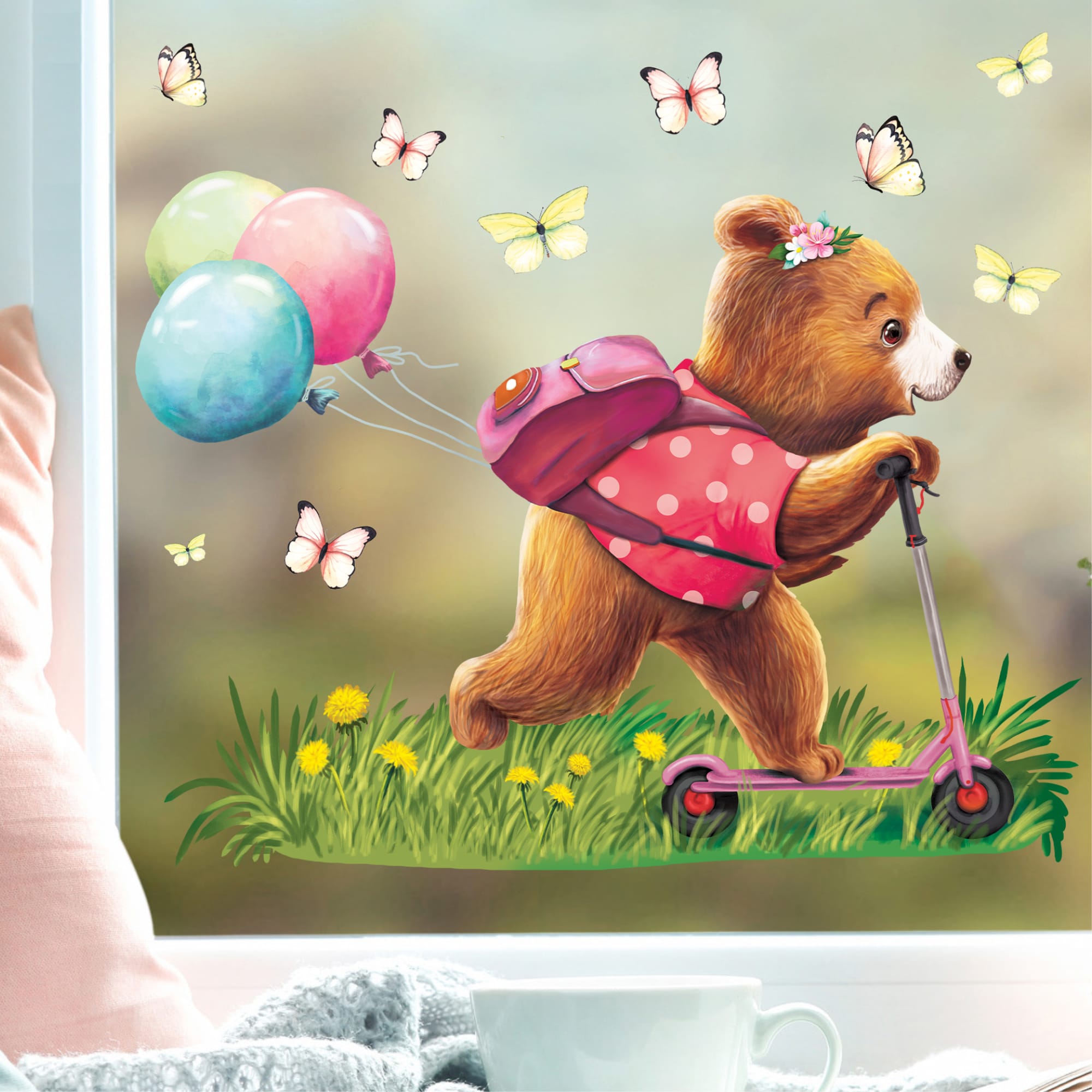 Fensterbild Frühling Ostern Mädchen Bär Roller Scooter Schmetterlinge Fensterdeko Kinderzimmer Kind, Frühlingsdeko, Osterdeko