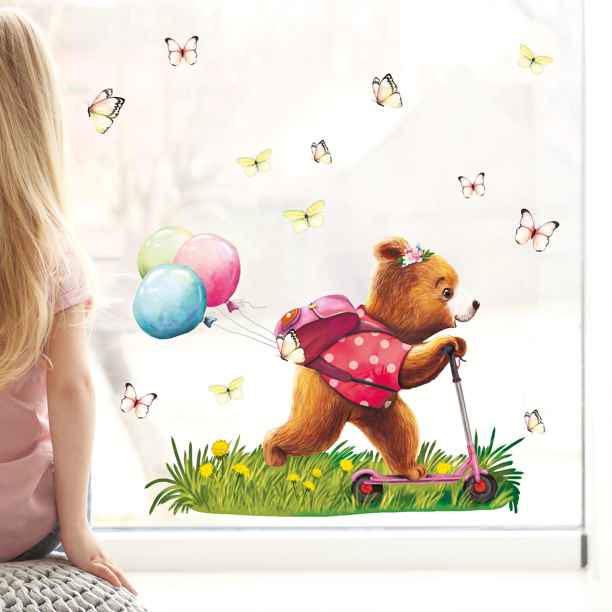 Auf dem Bild ist das Produkt: Fensterbild Frühling Ostern Mädchen Bär Roller Scooter Schmetterlinge Fensterdeko Kinderzimmer Kind, Frühlingsdeko, Osterdeko zum Preis von €13.90 abgebildet.