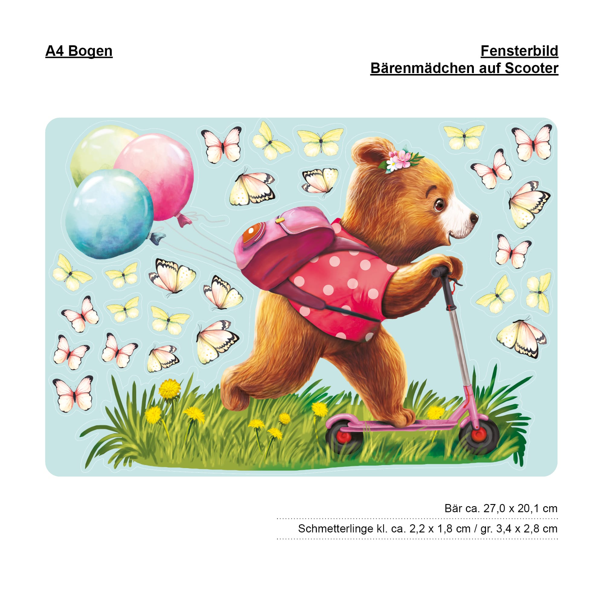 Auf dem Bild ist das Produkt: Fensterbild Frühling Ostern Mädchen Bär Roller Scooter Schmetterlinge Fensterdeko Kinderzimmer Kind, Frühlingsdeko, Osterdeko zum Preis von €13.90 abgebildet.
