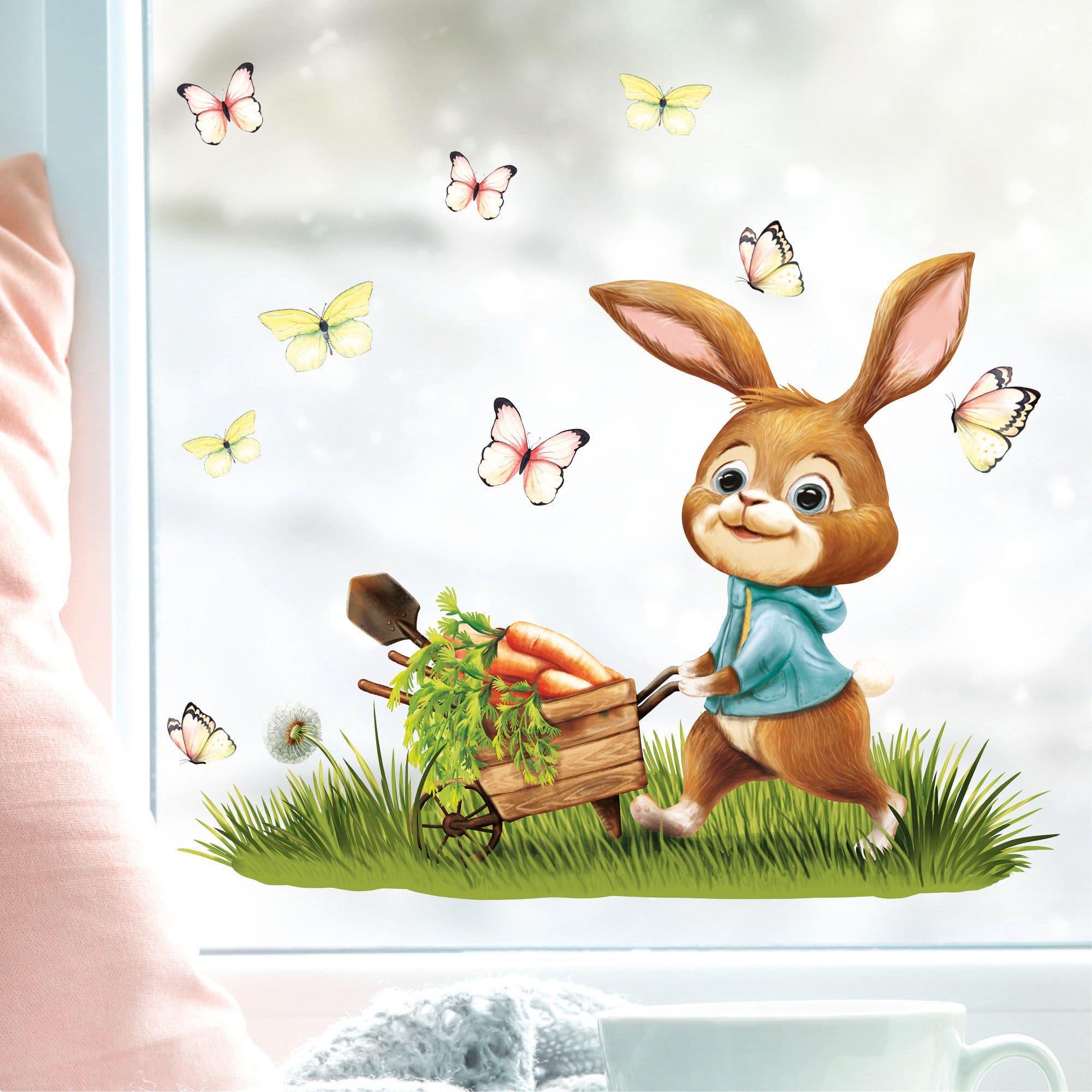 Fensterbild Frühling Ostern Hase mit Schubkarre Möhren Schmetterlingen Fensterdeko Kind Frühlingsdeko wiederverwendbar
