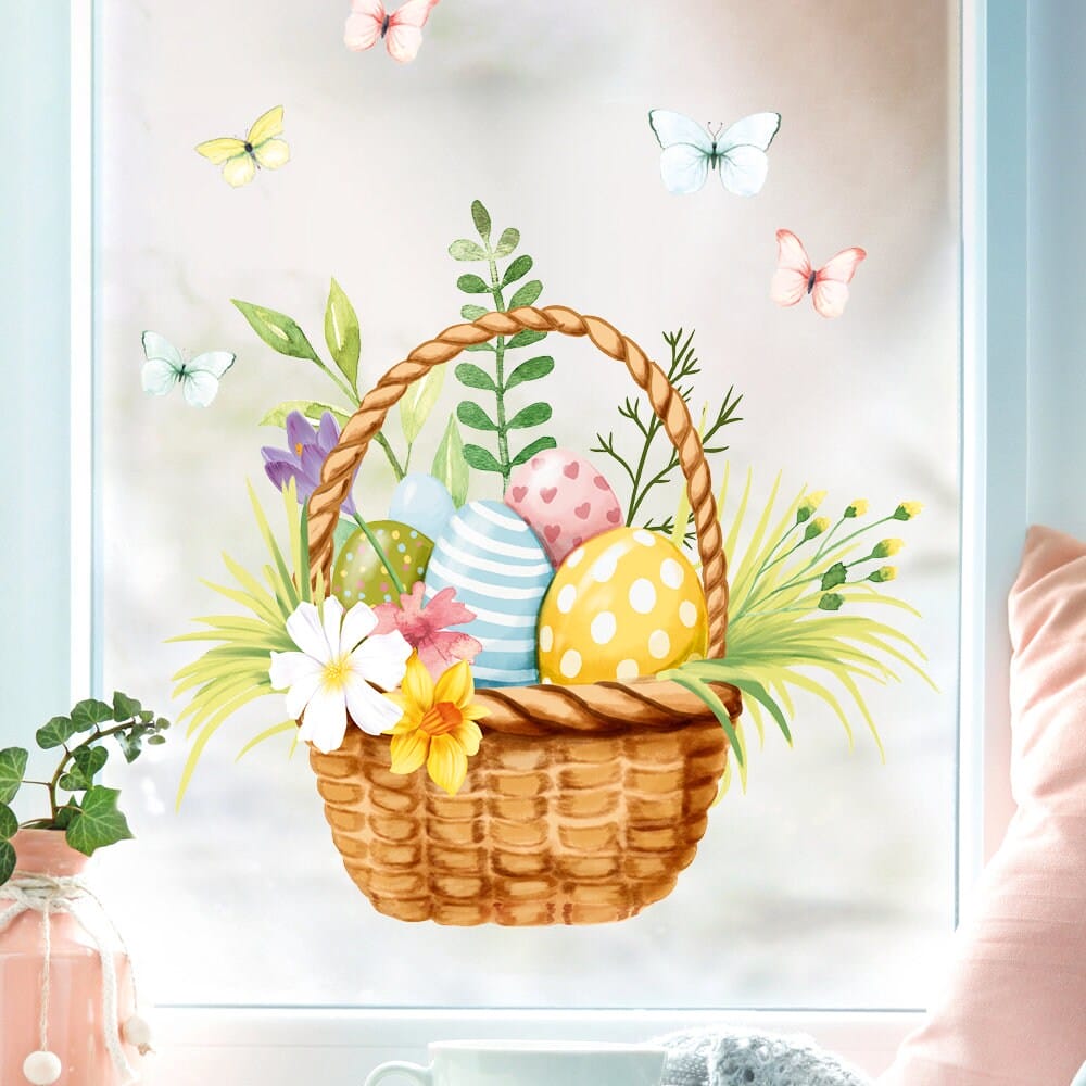 Fensterbild Frühling Wiederverwendbar Ostern Ostereier Korb mit Schmetterlingen Blumen Fensterdeko Kinderzimmer Kind Frühlingsdeko