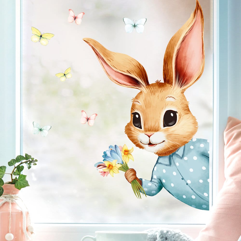 Fensterbild Frühling Ostern Osterhase hineinschauend Schmetterlingen Blumenstrauß Wiederverwendbar Fensterdeko Kinderzimmer Kind Frühlingsdeko