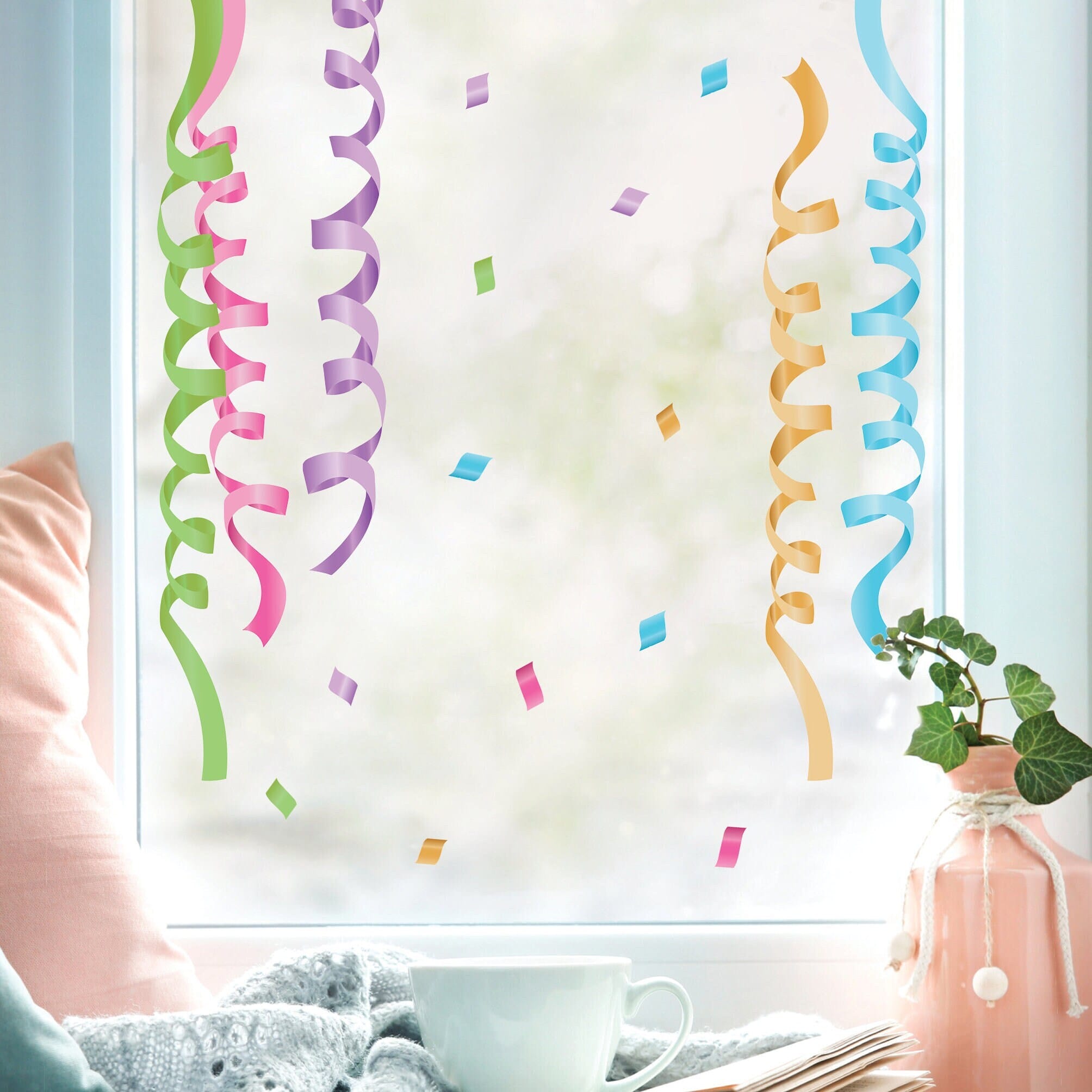 Fensterbild Karneval Luftschlangen Konfetti Girlande wiederverwendbar Frühling bunte Schlangen Fasching farbig