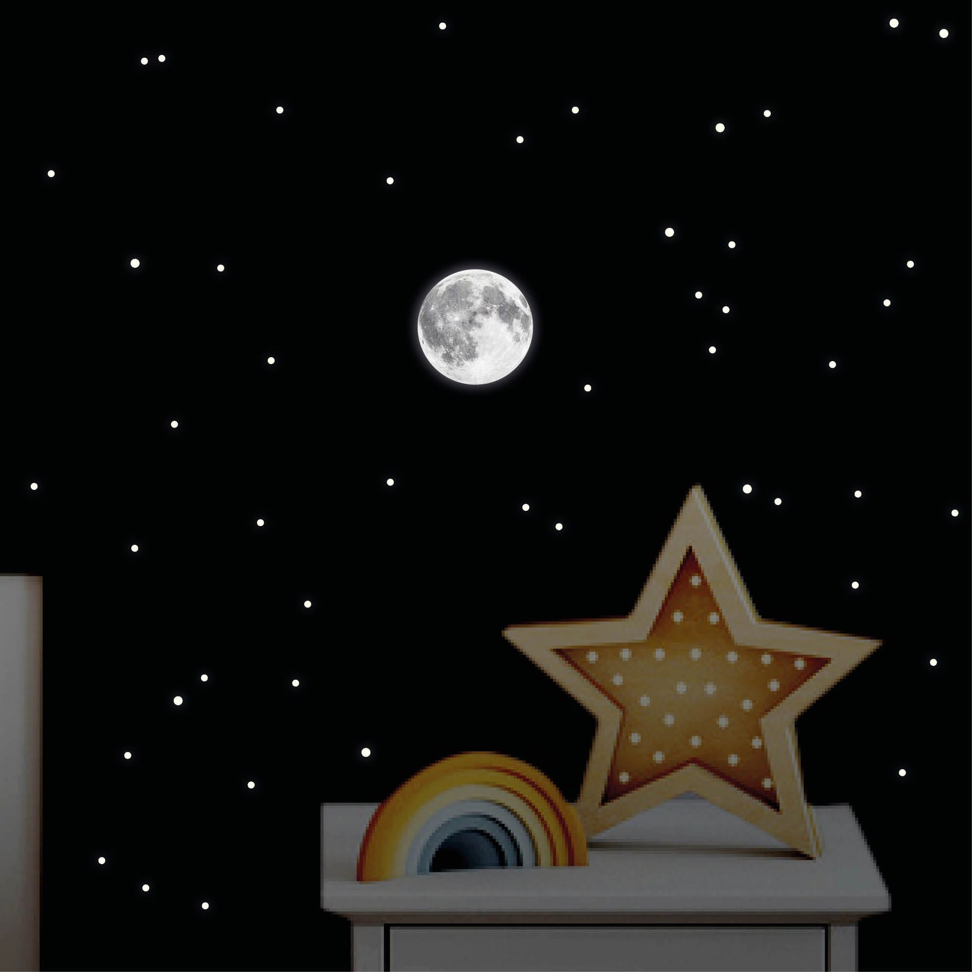 Leuchtaufkleber Kinderzimmer Mini 7,5 cm Mond mit Punkten Sternen Leuchtsterne leuchten im Dunklen Lichtschalter