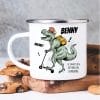 Auf dem Bild ist das Produkt: Kindertasse Emaille Dino Dinosaurier mit Schulranzen personalisiert Wunschname Einschulungsgeschenk zum Preis von €18.9 abgebildet.