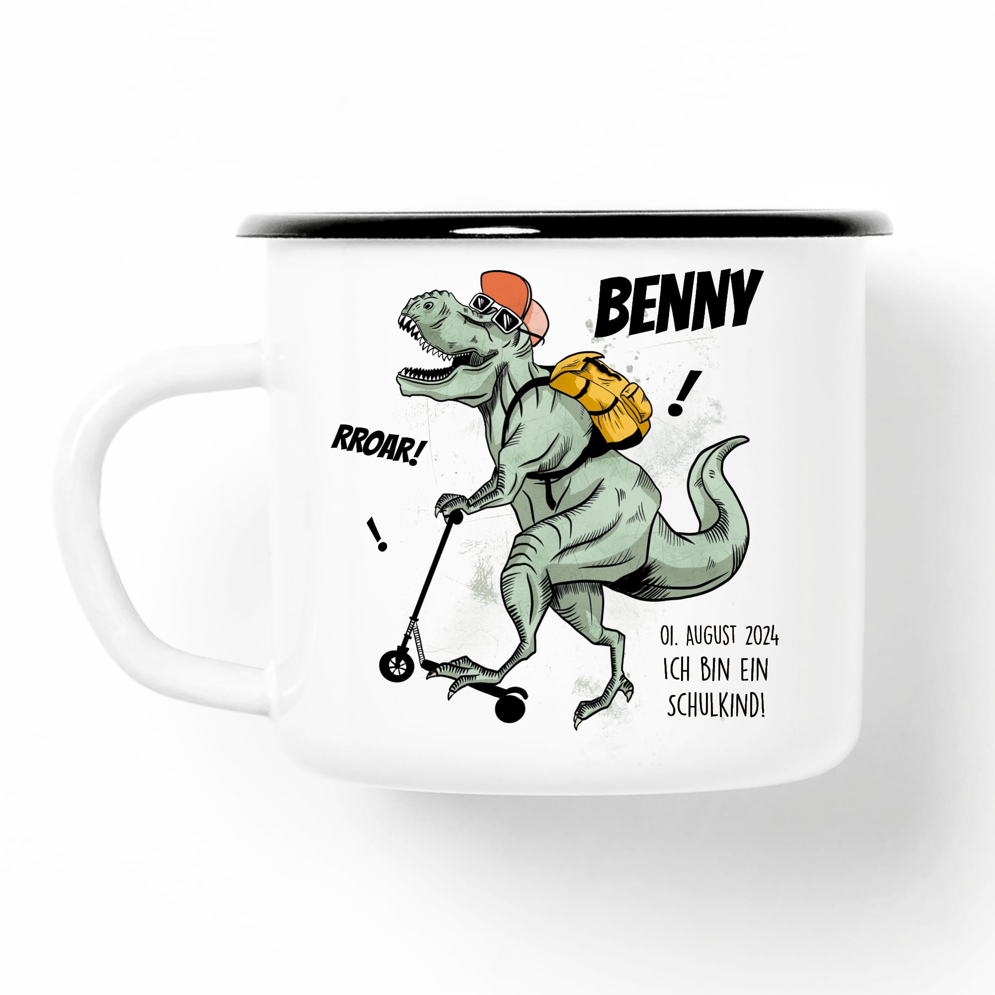 Auf dem Bild ist das Produkt: Kindertasse Emaille Dino Dinosaurier mit Schulranzen personalisiert Wunschname Einschulungsgeschenk zum Preis von €18.9 abgebildet.