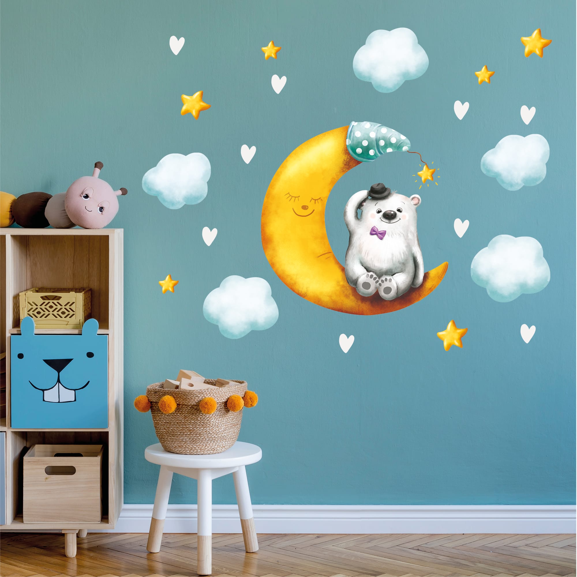 Wandtattoo Kinderzimmer Bär auf Halbmond Sterne Wolken bunt Dekoration Babyzimmer Mond