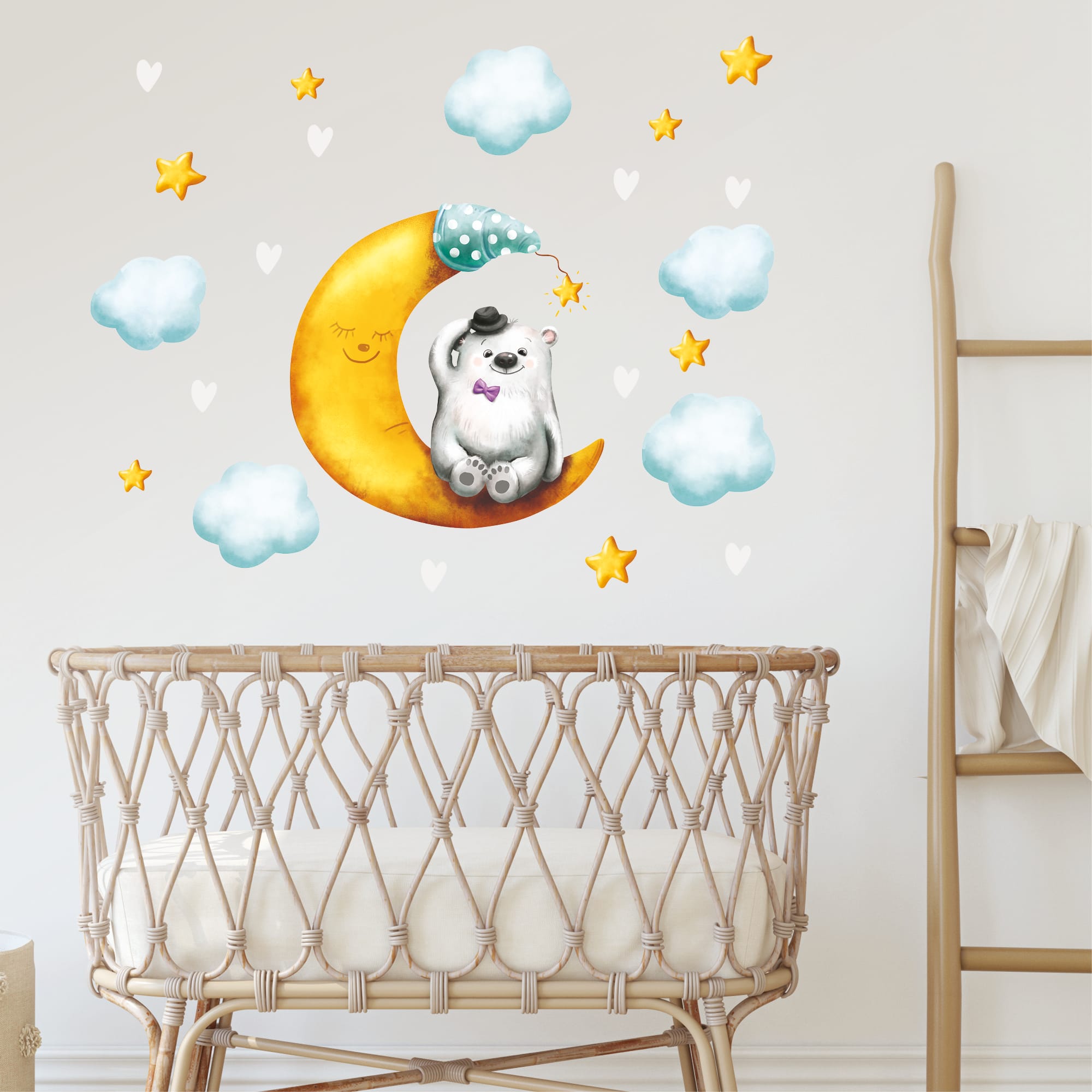Auf dem Bild ist das Produkt: Wandtattoo Kinderzimmer Bär auf Halbmond Sterne Wolken bunt Dekoration Babyzimmer Mond zum Preis von €23.90 abgebildet.