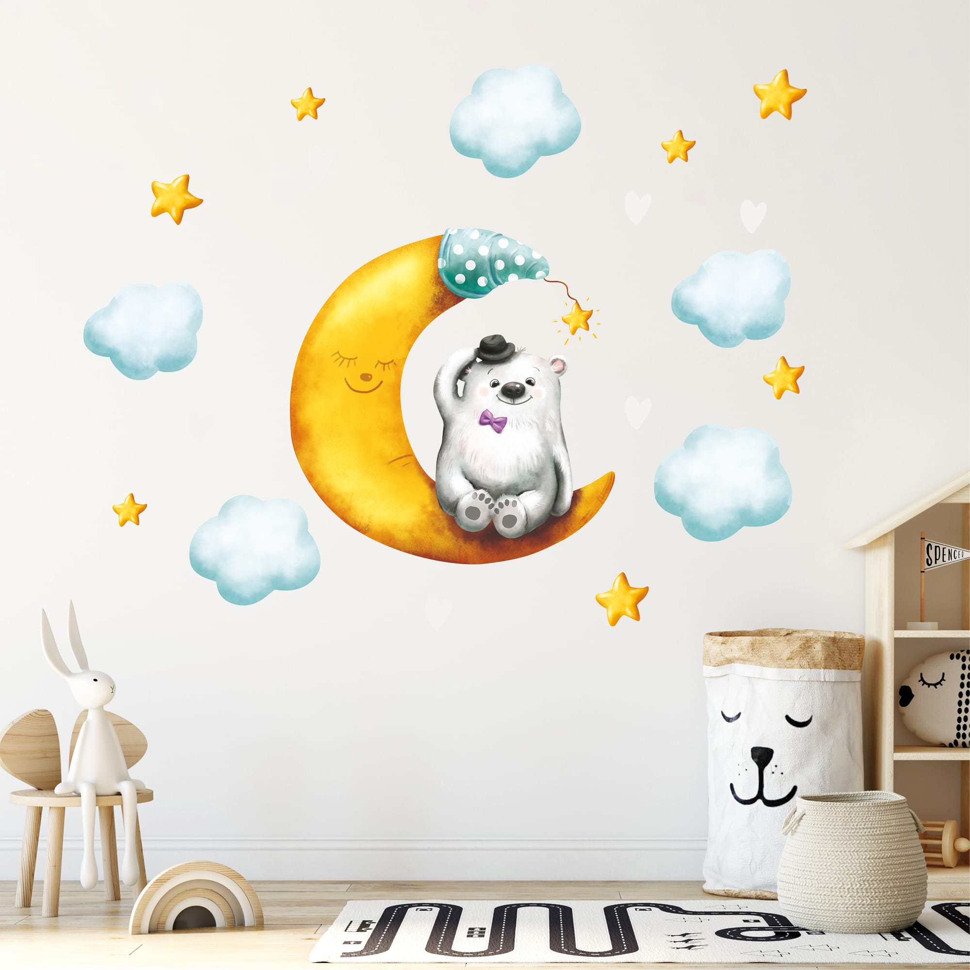 Auf dem Bild ist das Produkt: Wandtattoo Kinderzimmer Bär auf Halbmond Sterne Wolken bunt Dekoration Babyzimmer Mond zum Preis von €23.90 abgebildet.