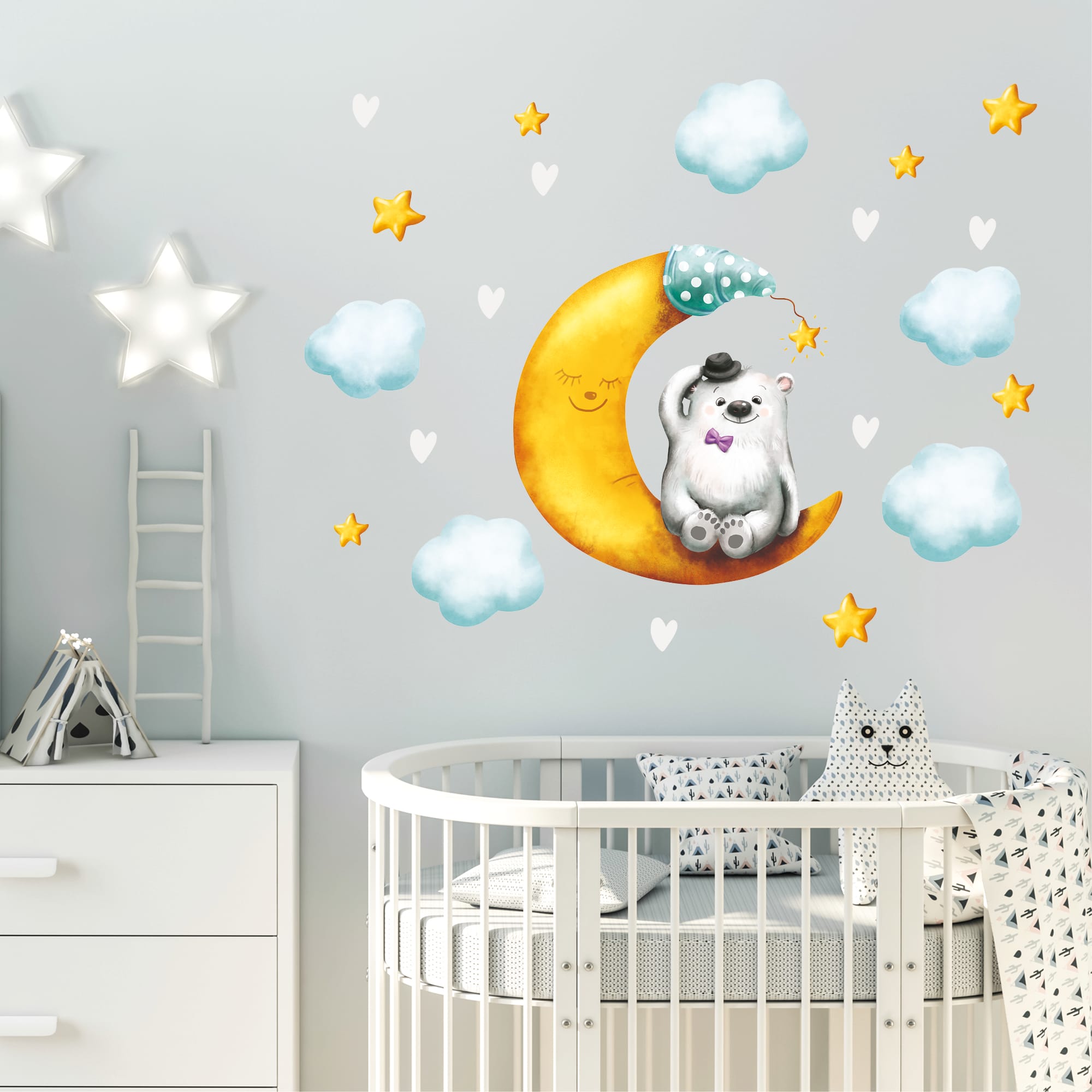 Auf dem Bild ist das Produkt: Wandtattoo Kinderzimmer Bär auf Halbmond Sterne Wolken bunt Dekoration Babyzimmer Mond zum Preis von €23.90 abgebildet.