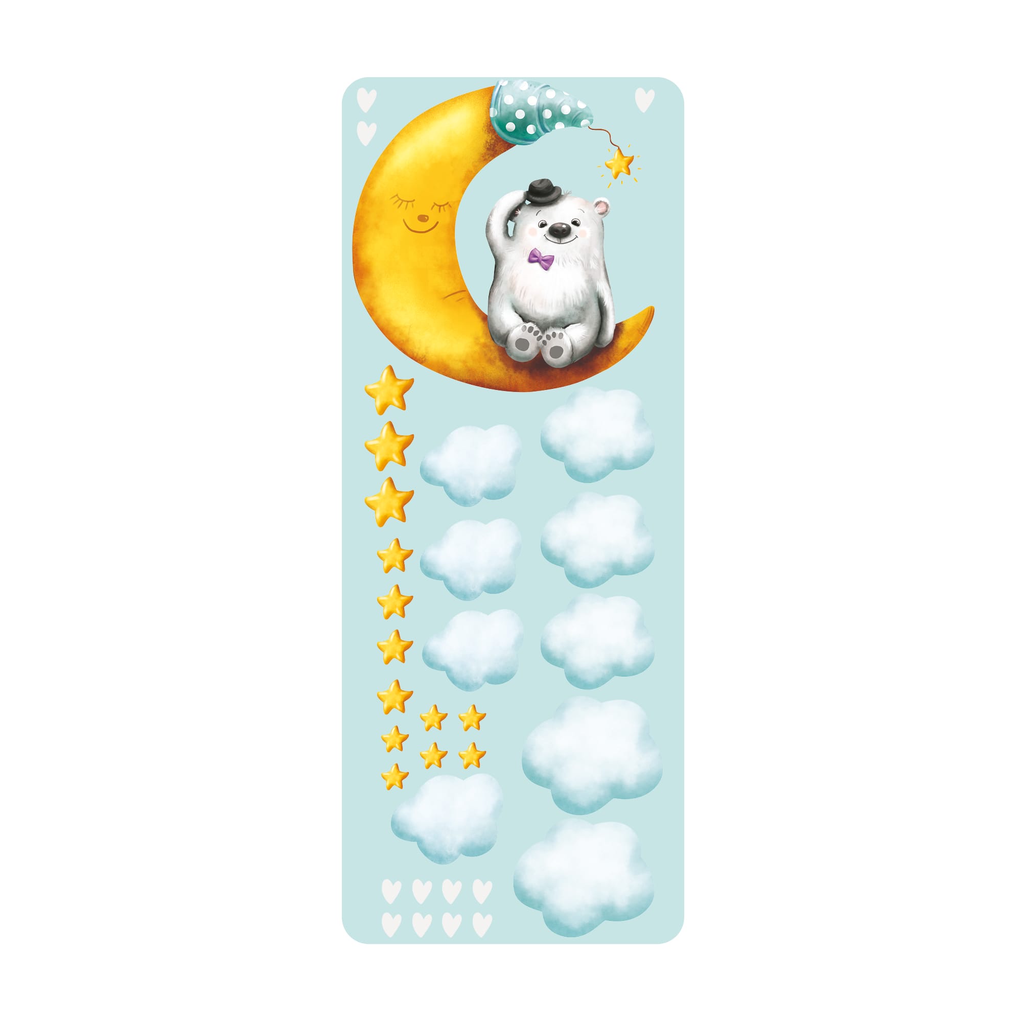 Auf dem Bild ist das Produkt: Wandtattoo Kinderzimmer Bär auf Halbmond Sterne Wolken bunt Dekoration Babyzimmer Mond zum Preis von €23.90 abgebildet.