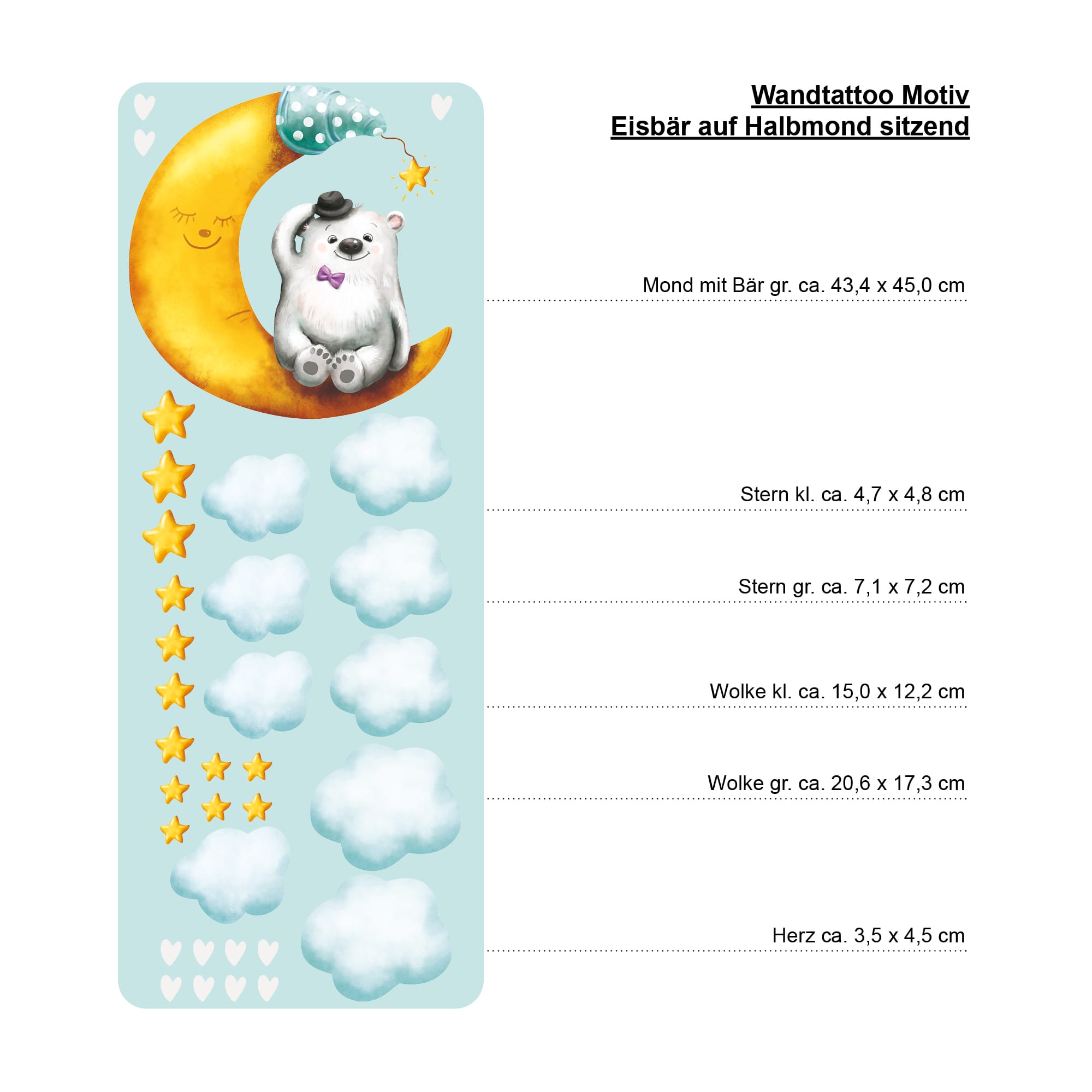 Auf dem Bild ist das Produkt: Wandtattoo Kinderzimmer Bär auf Halbmond Sterne Wolken bunt Dekoration Babyzimmer Mond zum Preis von €23.90 abgebildet.