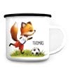 Auf dem Bild ist das Produkt: Kindertasse Emaille Becher Fuchs Fußballer Trikot Geschenk Schulanfang Wunschname zum Preis von €18.9 abgebildet.