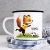 Auf dem Bild ist das Produkt: Kindertasse Emaille Becher Fuchs Fußballer Trikot Geschenk Schulanfang Wunschname zum Preis von €18.9 abgebildet.