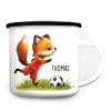 Auf dem Bild ist das Produkt: Kindertasse Emaille Becher Fuchs Fußballer Trikot Geschenk Schulanfang Wunschname zum Preis von €18.9 abgebildet.