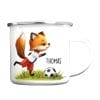 Auf dem Bild ist das Produkt: Kindertasse Emaille Becher Fuchs Fußballer Trikot Geschenk Schulanfang Wunschname zum Preis von €18.9 abgebildet.