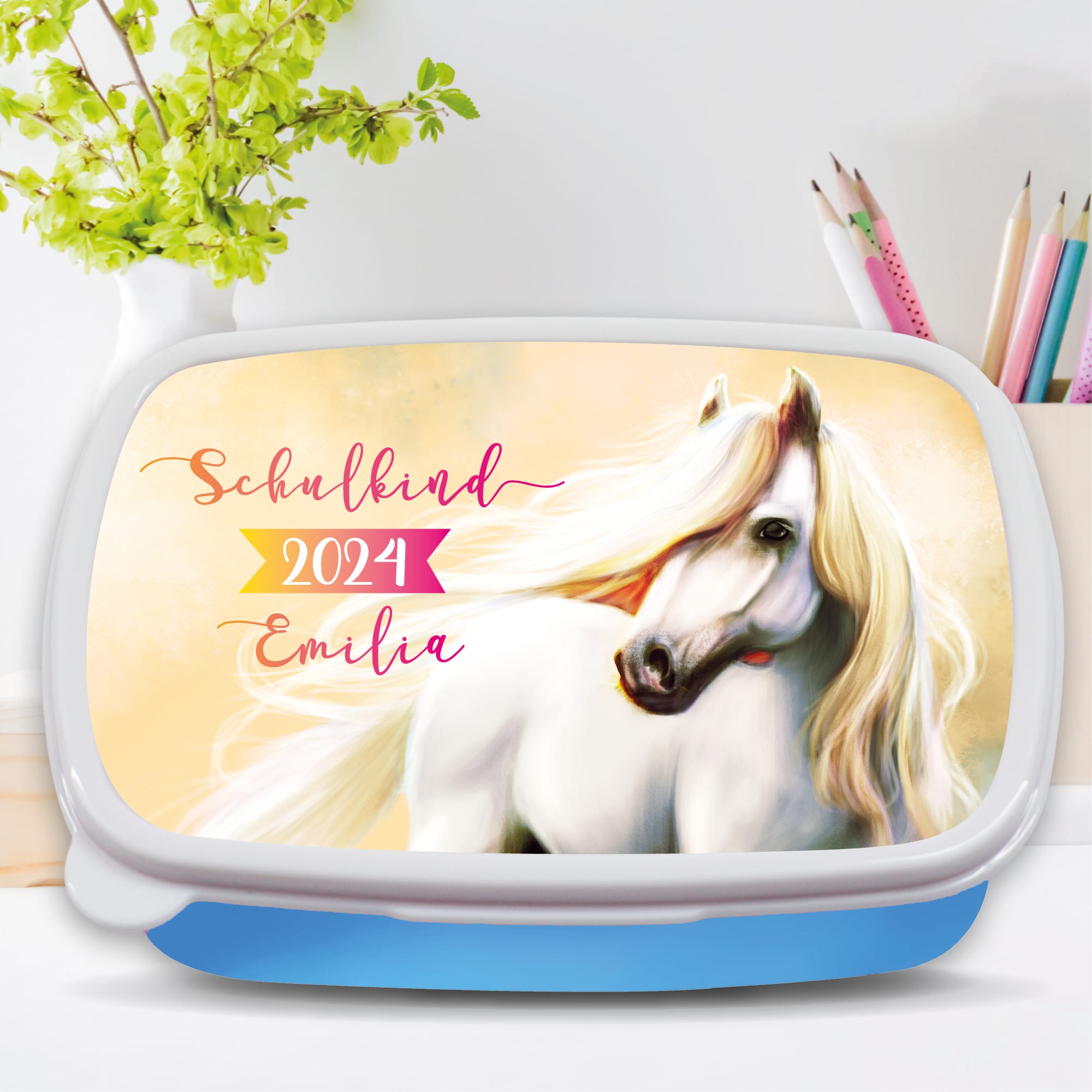 Auf dem Bild ist das Produkt: Brotdose Pferd personalisiert mit Wunschnamen Vesperbox Geschenk anpassbar Einschulung Mädchen zum Preis von €19.9 abgebildet.